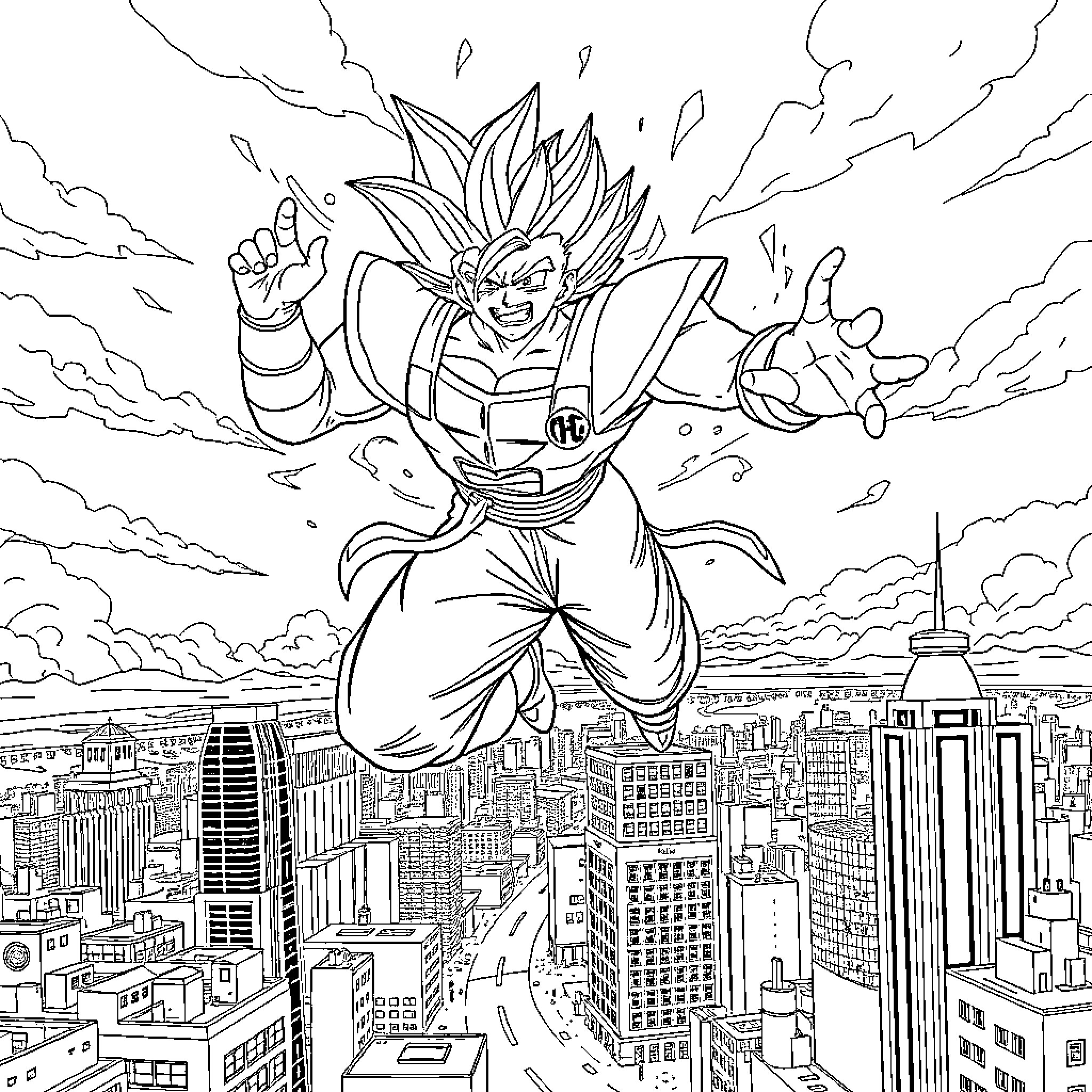 Dragon Ball character in action over cityscape Coloring Page (free black-and-white line drawing printable PDF for all, from beginners to advanced learners, including children, teens, adults, and seniors)