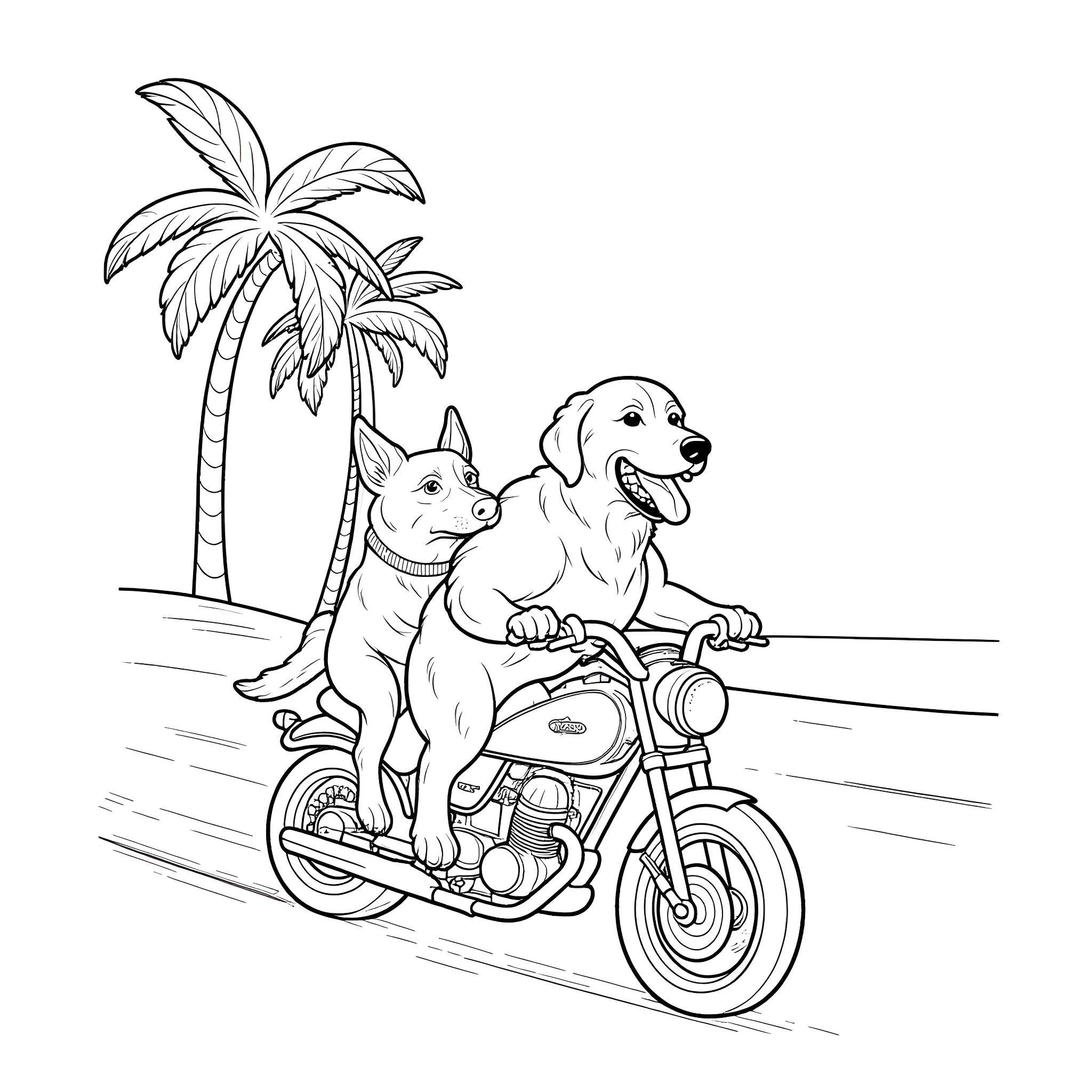 Dogs riding a motorcycle under palm trees Coloring Page (free black-and-white line drawing printable PDF for all, from beginners to advanced learners, including children, teens, adults, and seniors)