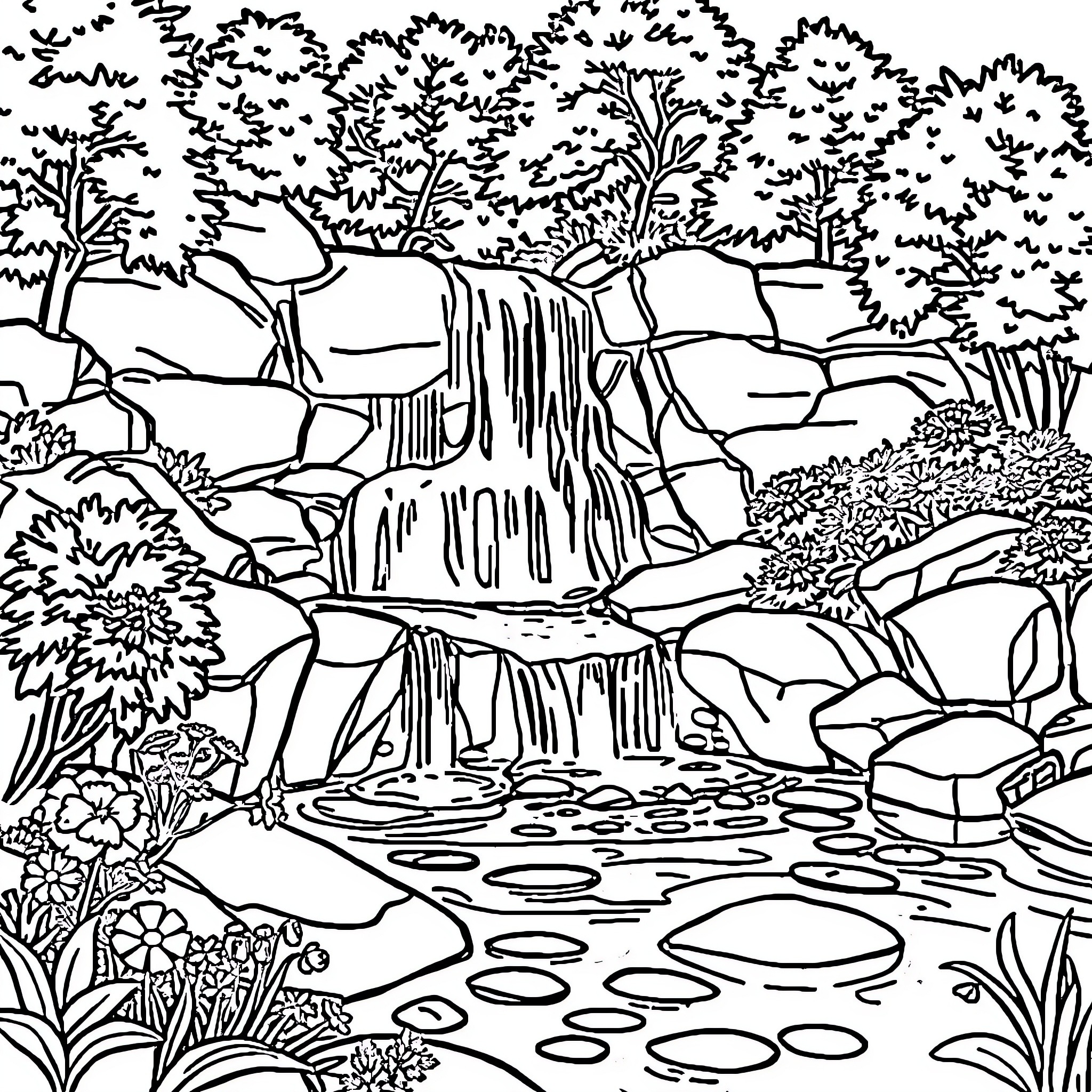 Waterfall cascading through lush foliage and rocks Coloring Page (free black-and-white line drawing printable PDF for all, from beginners to advanced learners, including children, teens, adults, and seniors)