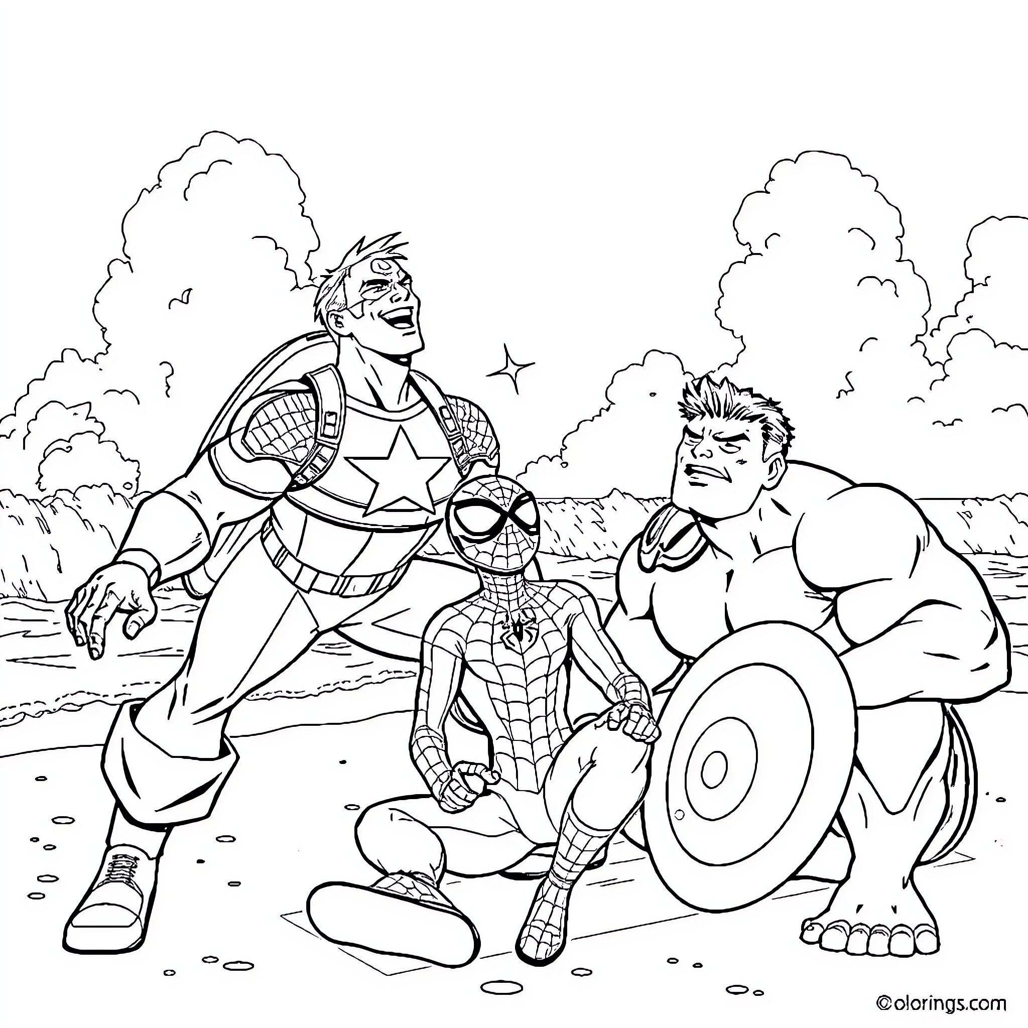 Captain America and Superhero Friends in Action Coloring Page (free black-and-white line drawing printable PDF for all, from beginners to advanced learners, including children, teens, adults, and seniors)