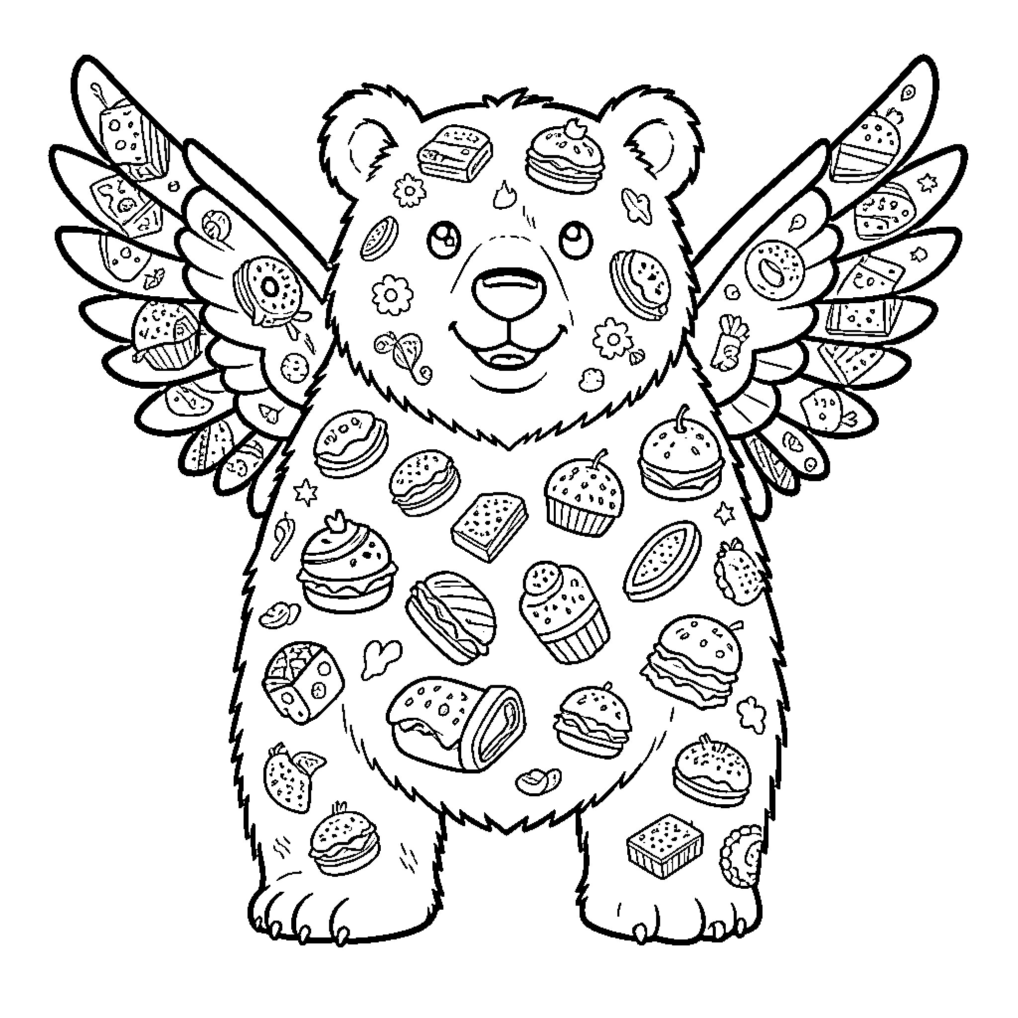 Bear with Delightful Dessert-Themed Patterns Coloring Page (free black-and-white line drawing printable PDF for all, from beginners to advanced learners, including children, teens, adults, and seniors)