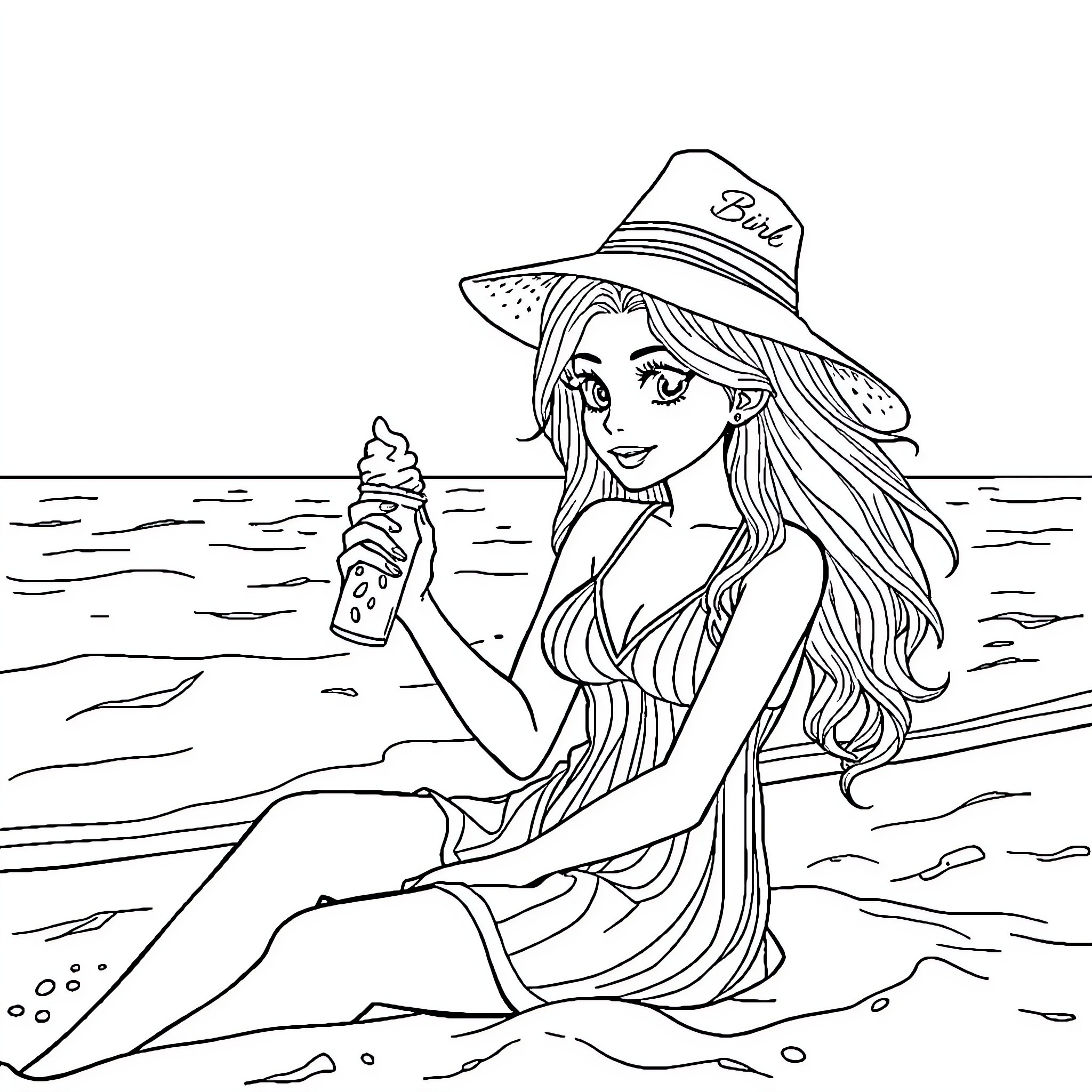Chica enjoying a sunny day at the beach Coloring Page (free black-and-white line drawing printable PDF for all, from beginners to advanced learners, including children, teens, adults, and seniors)