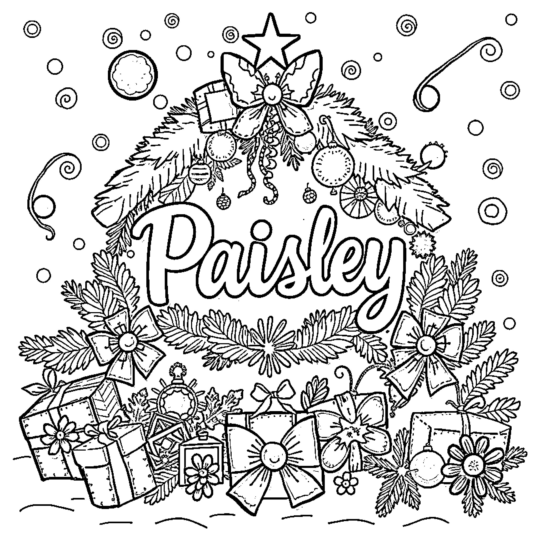 Christmas celebration with decorative wreath and name Coloring Page (free black-and-white line drawing printable PDF for all, from beginners to advanced learners, including children, teens, adults, and seniors)