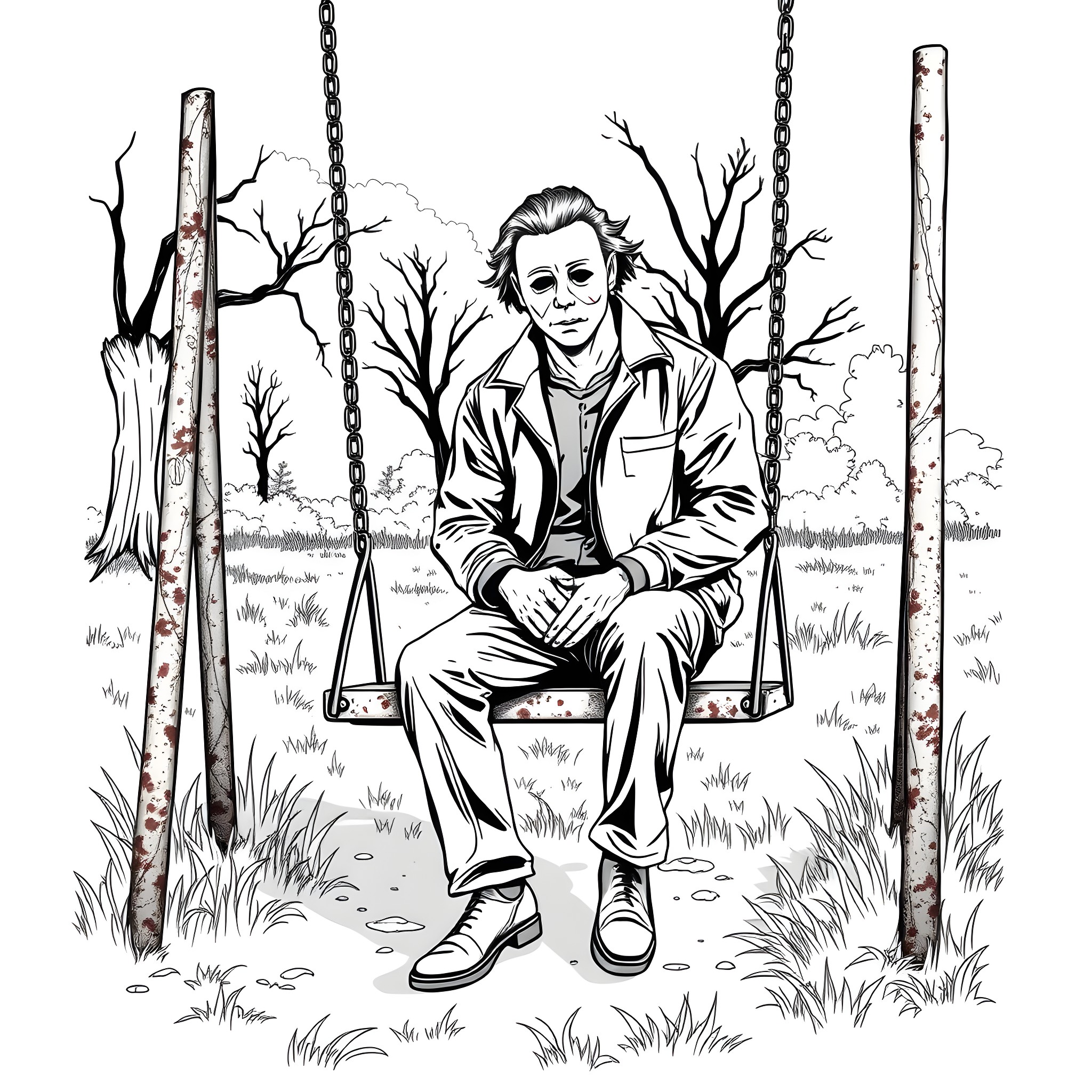 Michael Myers sitting alone on a swing in a creepy forest Coloring Page (free black-and-white line drawing printable PDF for all, from beginners to advanced learners, including children, teens, adults, and seniors)