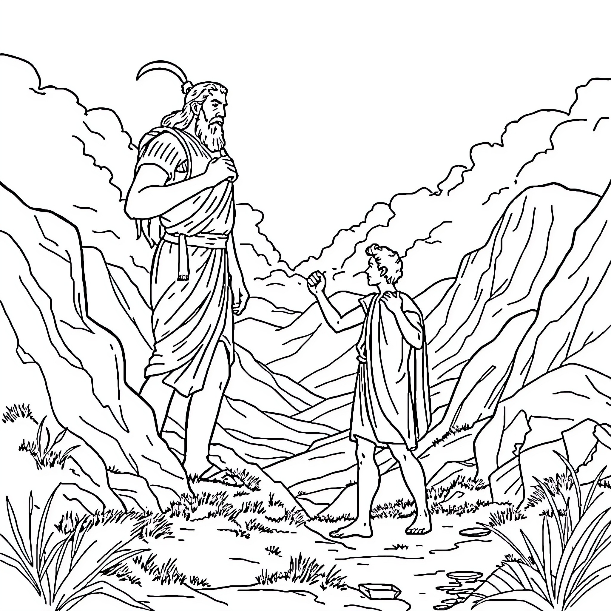David vs Goliath: Confrontation of Faith and Courage Coloring Page (free black-and-white line drawing printable PDF for all, from beginners to advanced learners, including children, teens, adults, and seniors)