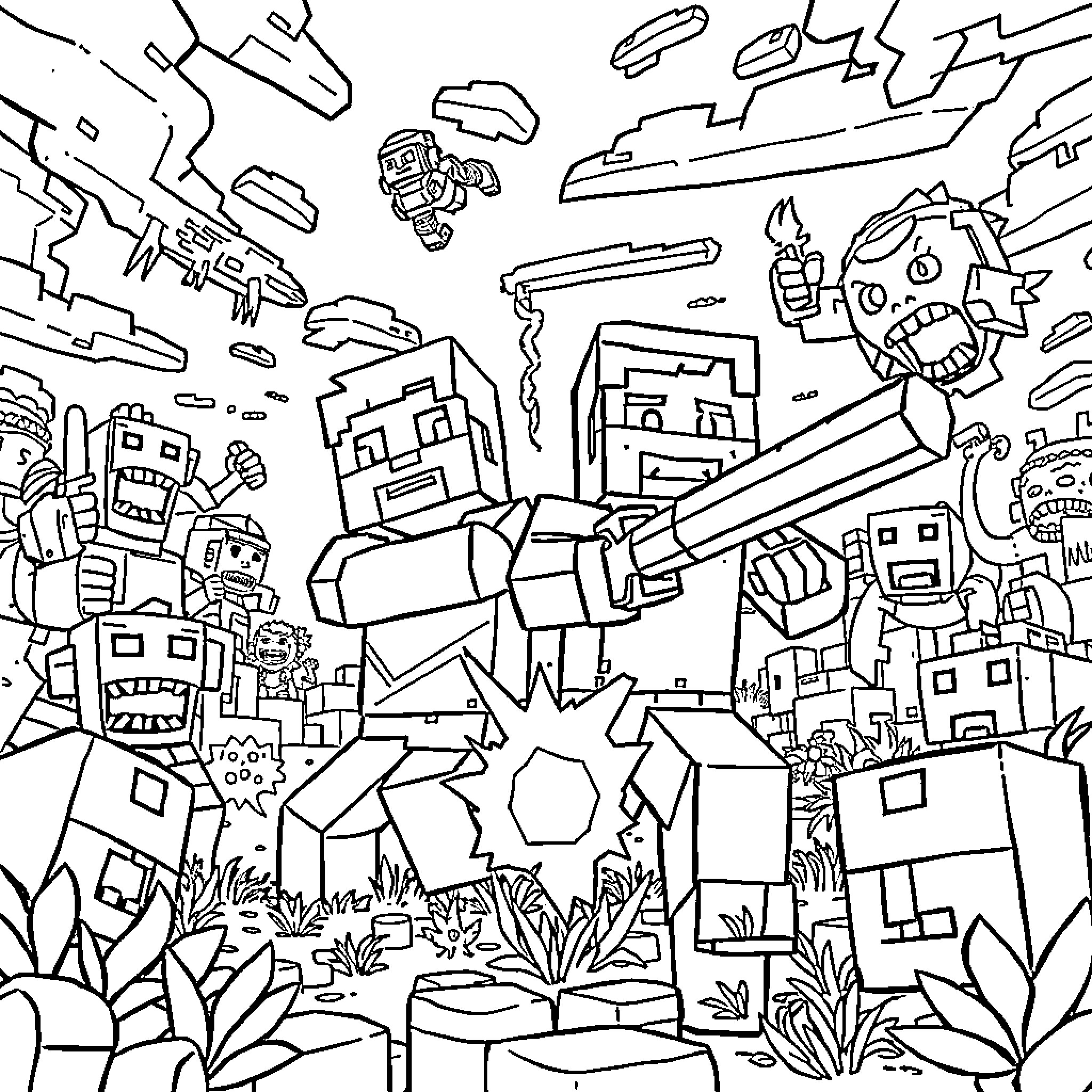Steve and Alex's Epic Adventure in the Blocky World Coloring Page (free black-and-white line drawing printable PDF for all, from beginners to advanced learners, including children, teens, adults, and seniors)