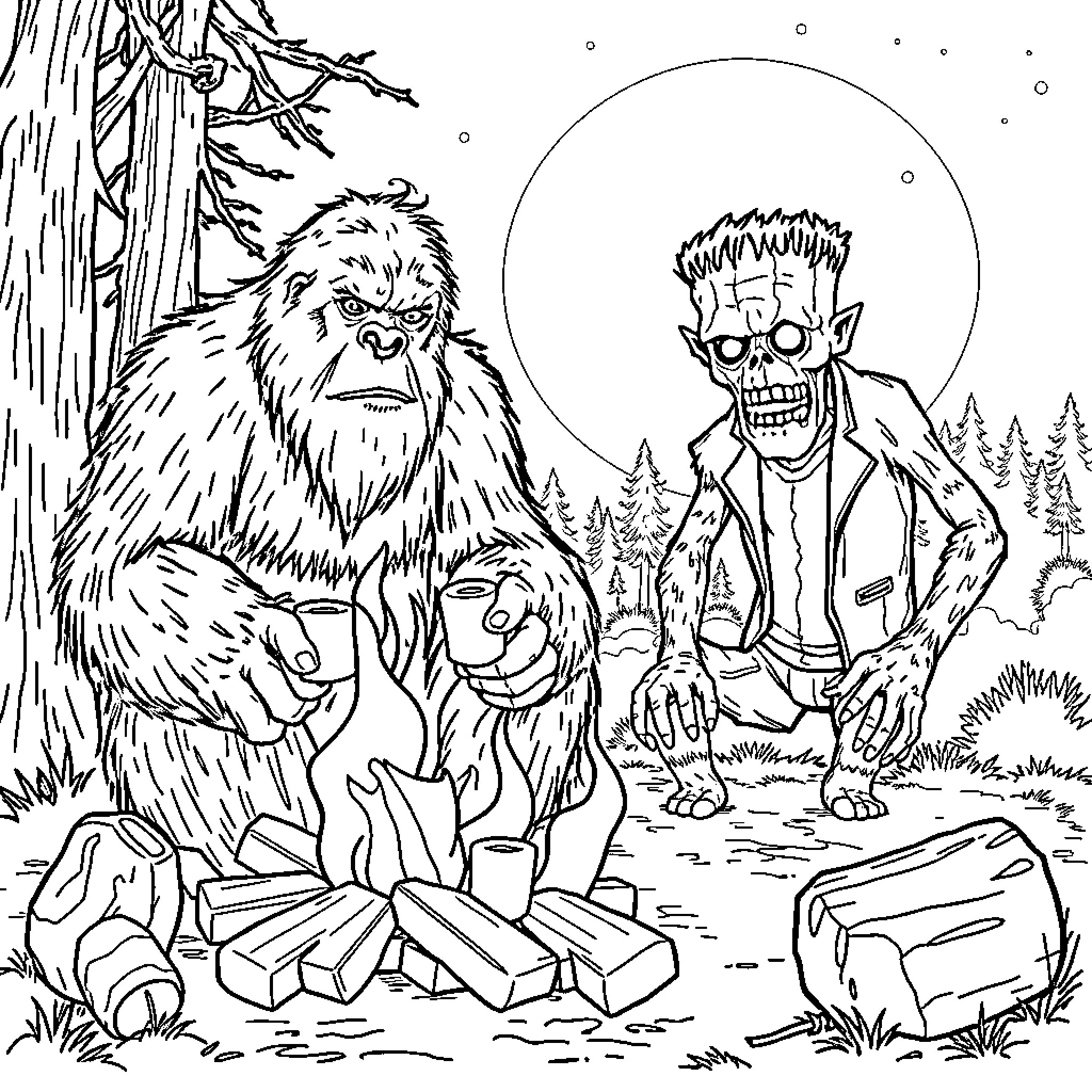 Bigfoot and the Monstrous Creature in the Wilderness Coloring Page (free black-and-white line drawing printable PDF for all, from beginners to advanced learners, including children, teens, adults, and seniors)