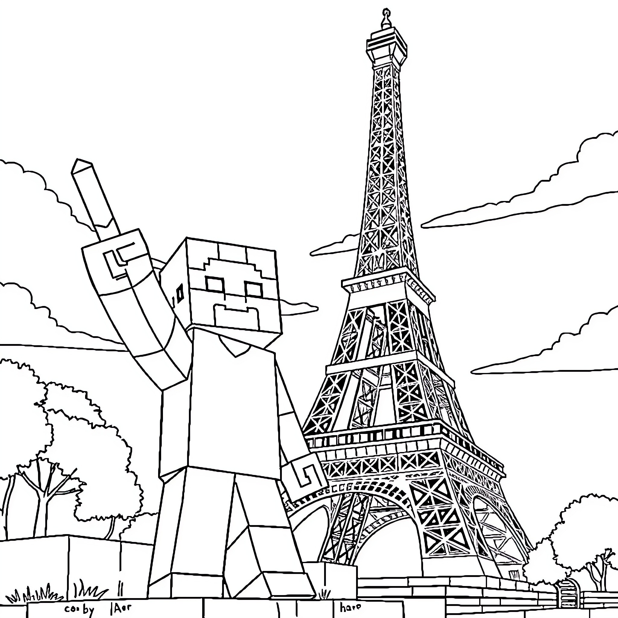 Minecraft Character Exploring Iconic Landmark Coloring Page (free black-and-white line drawing printable PDF for all, from beginners to advanced learners, including children, teens, adults, and seniors)