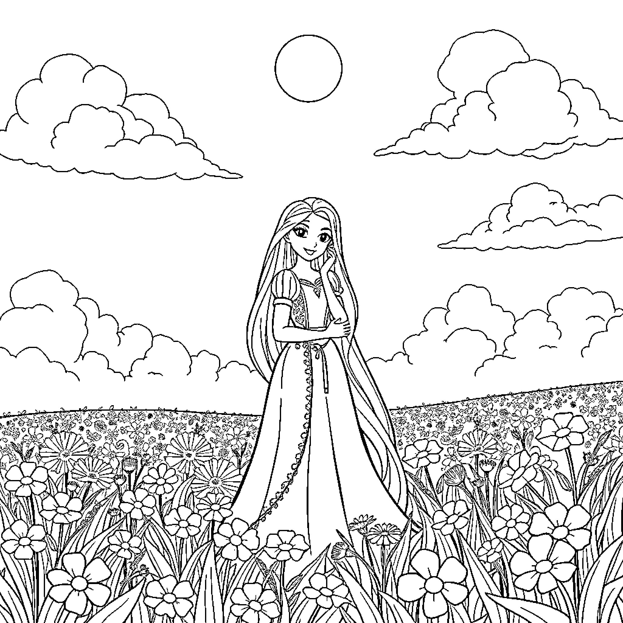 Rapunzel walking through a flowery meadow Coloring Page (free black-and-white line drawing printable PDF for all, from beginners to advanced learners, including children, teens, adults, and seniors)