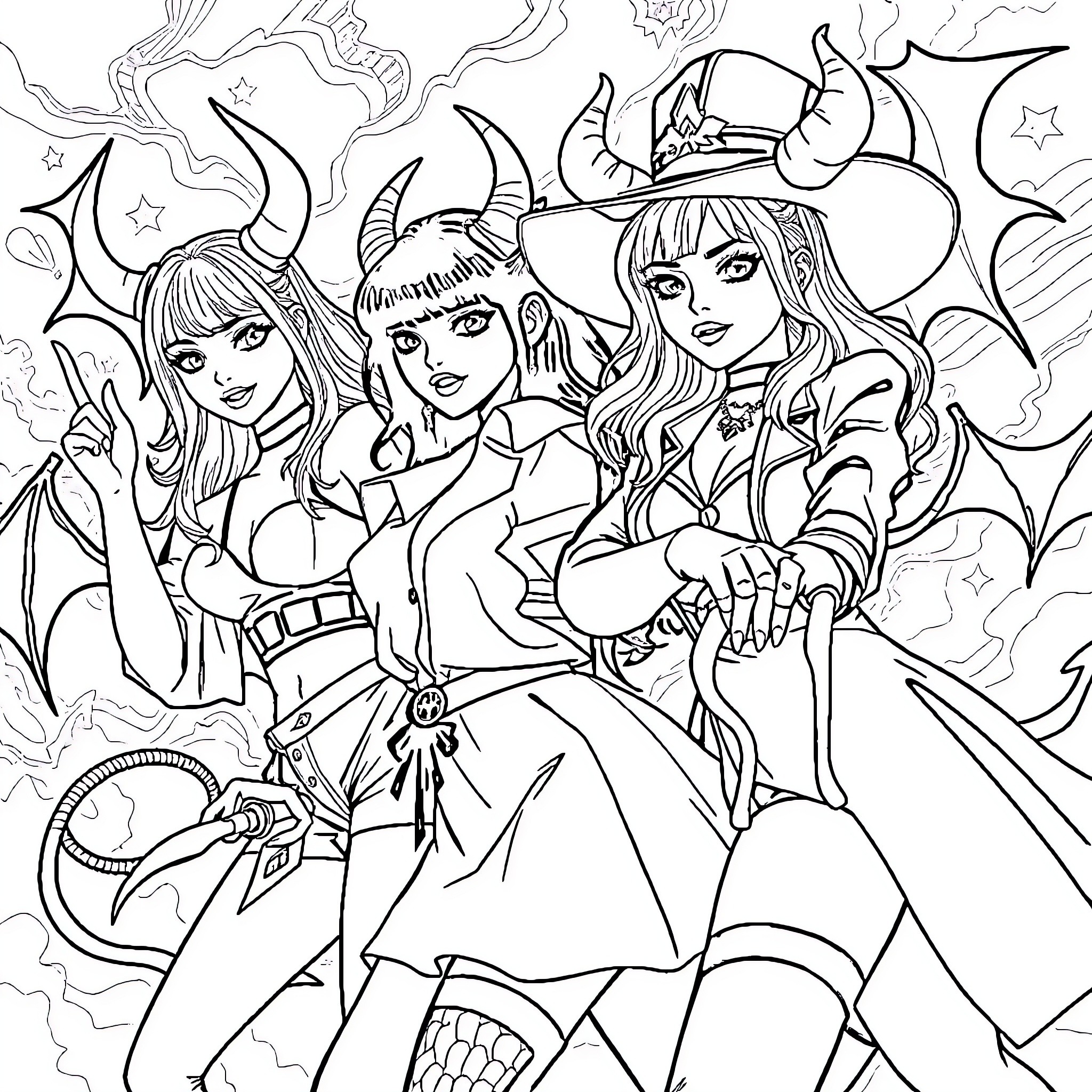 Kpop Idols Posing in Fantastical Outfits Coloring Page (free black-and-white line drawing printable PDF for all, from beginners to advanced learners, including children, teens, adults, and seniors)