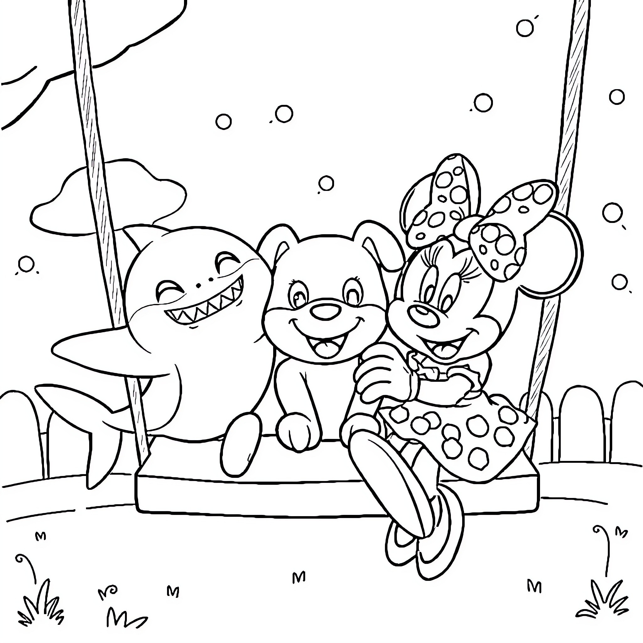 Shark friends playing together happily Coloring Page (free black-and-white line drawing printable PDF for all, from beginners to advanced learners, including children, teens, adults, and seniors)