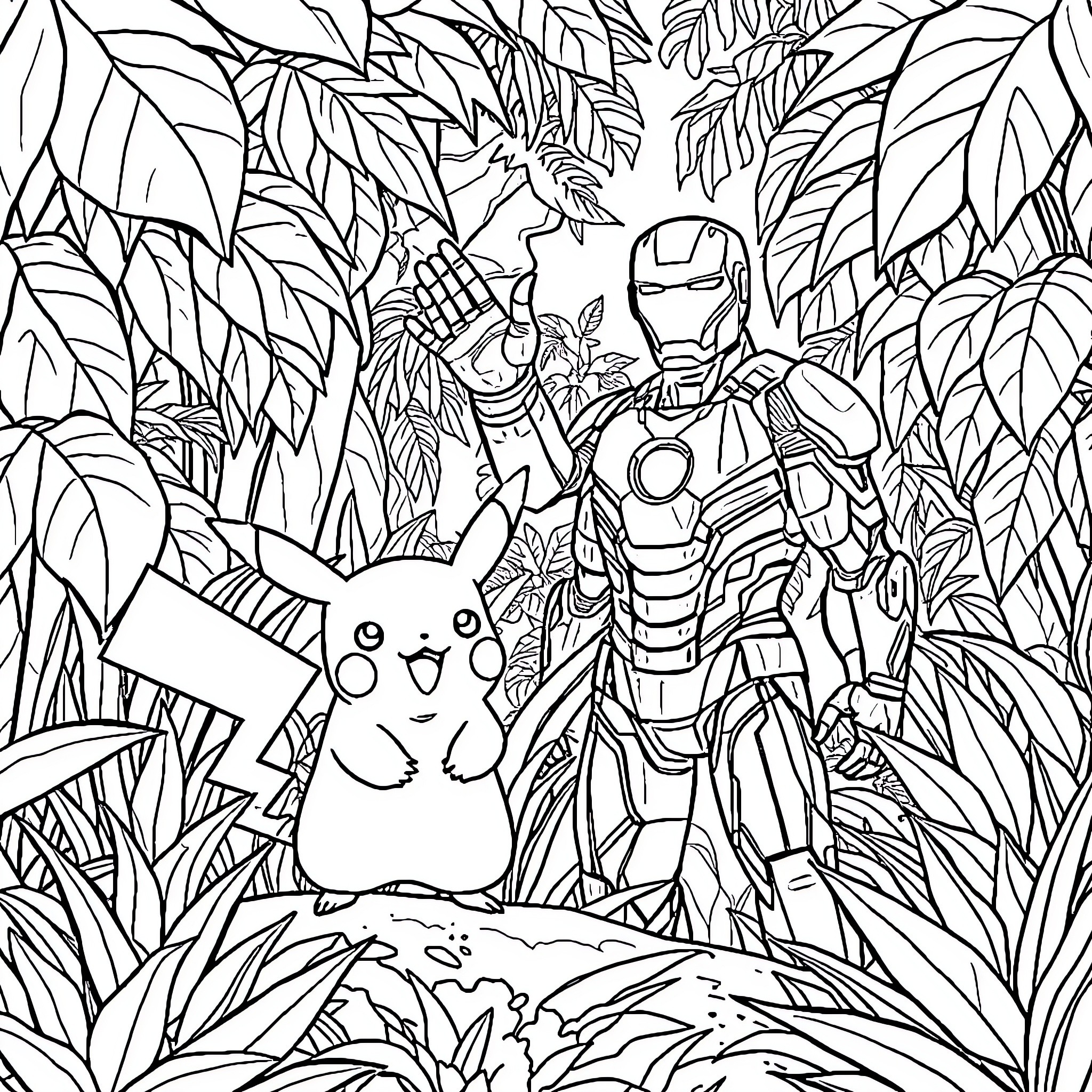 Pikachu exploring the jungle with Iron Man Coloring Page (free black-and-white line drawing printable PDF for all, from beginners to advanced learners, including children, teens, adults, and seniors)