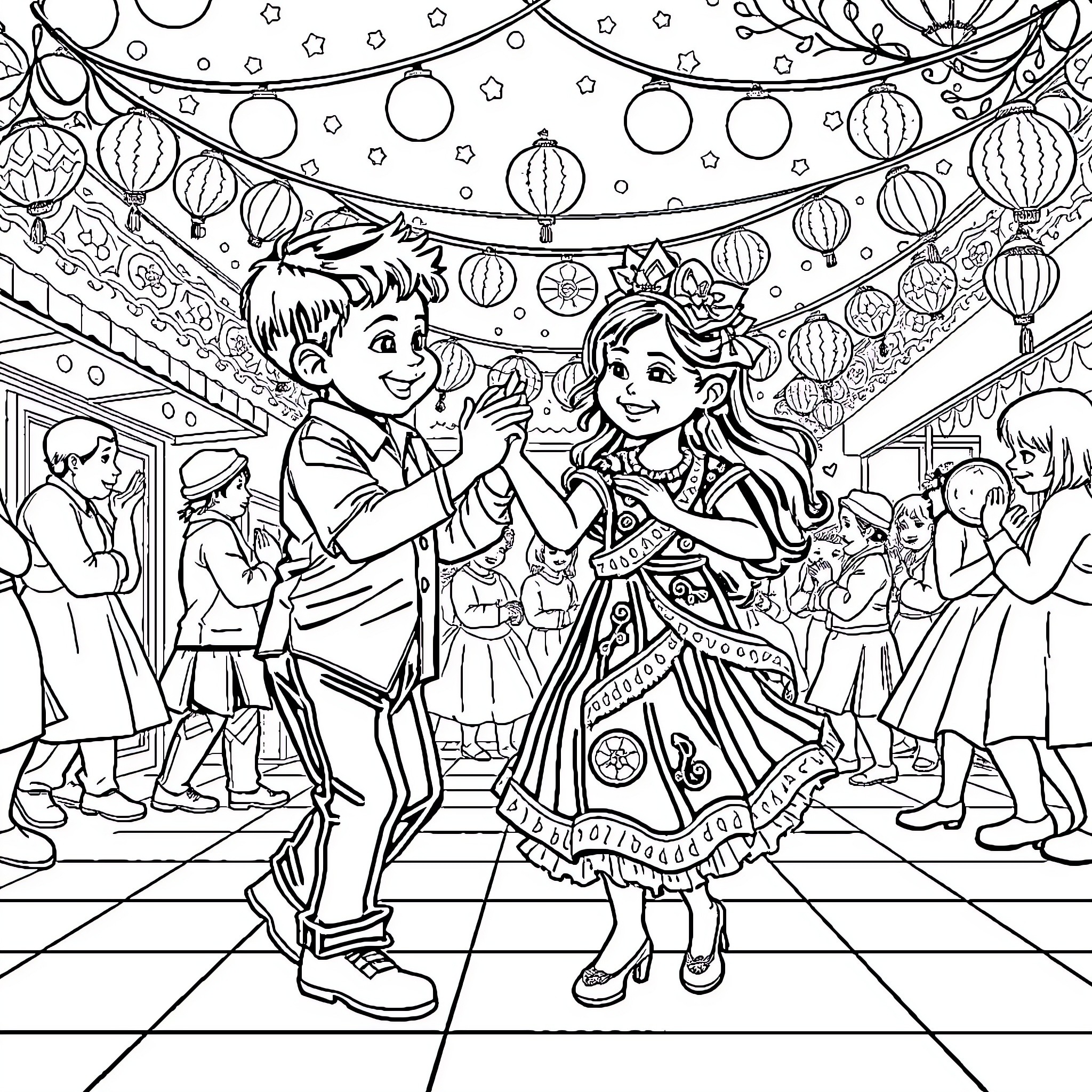 Niños celebrando en una fiesta con decoraciones Coloring Page (free black-and-white line drawing printable PDF for all, from beginners to advanced learners, including children, teens, adults, and seniors)