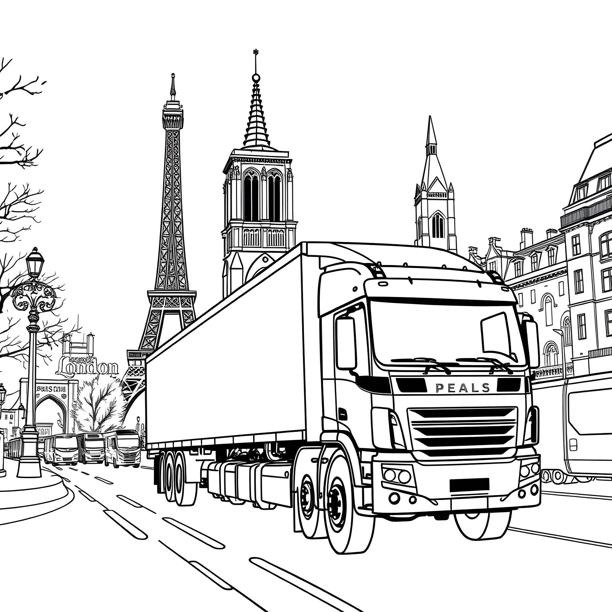 Truck transporting goods through the streets of Paris Coloring Page (free black-and-white line drawing printable PDF for all, from beginners to advanced learners, including children, teens, adults, and seniors)