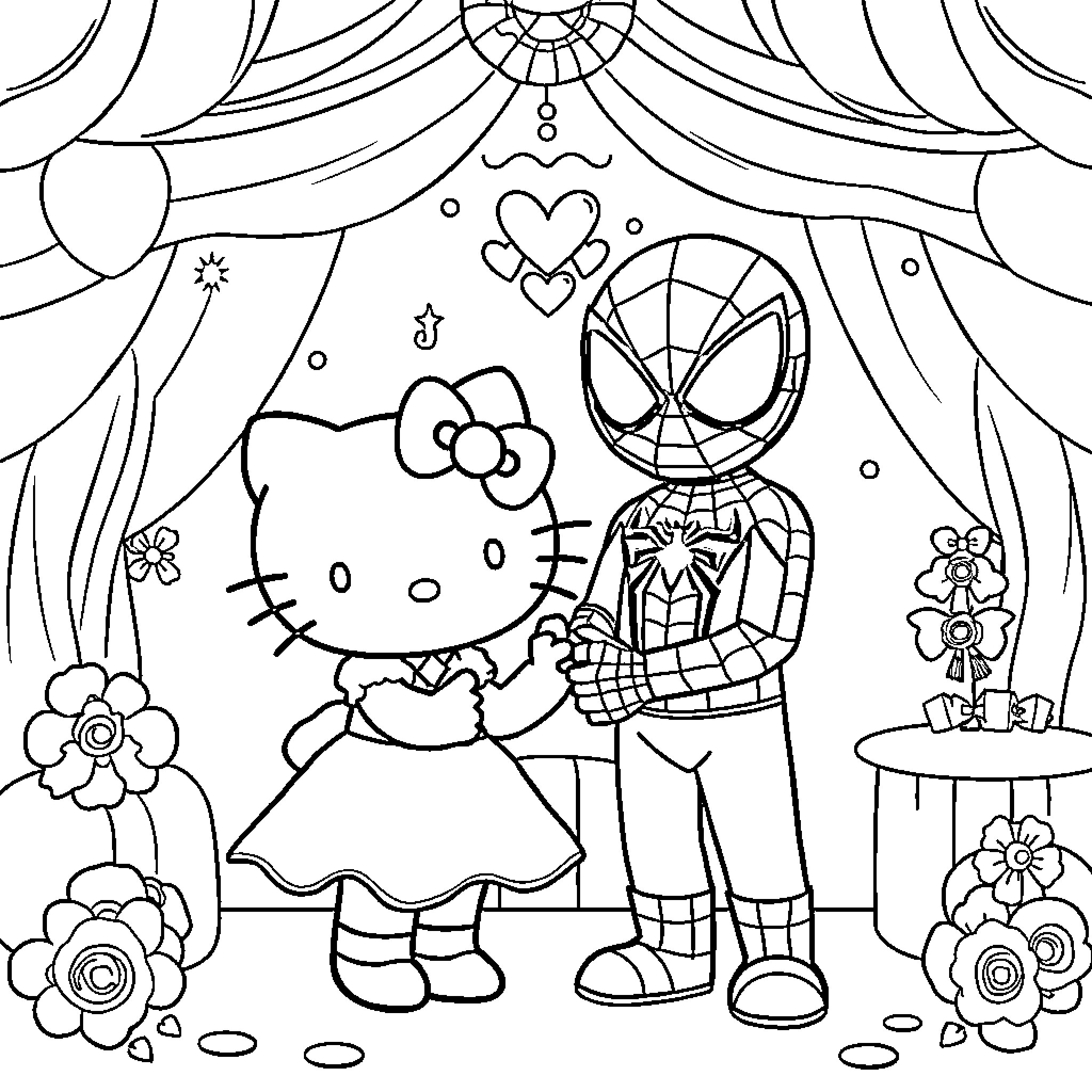 Hello Kitty and Spider-Man meet on stage Coloring Page (free black-and-white line drawing printable PDF for all, from beginners to advanced learners, including children, teens, adults, and seniors)
