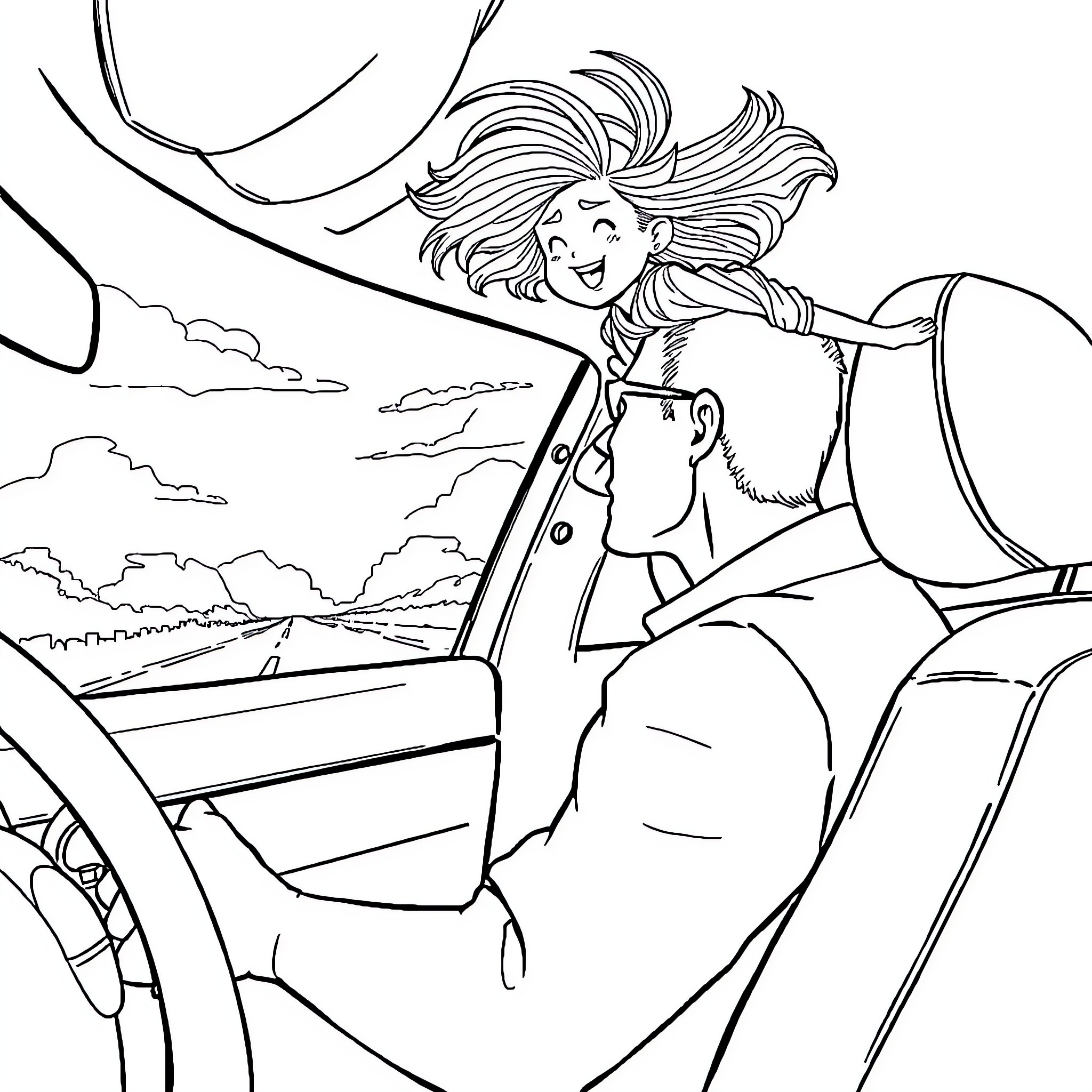 Car with Joyful Passenger Enjoying the Scenic Drive Coloring Page (free black-and-white line drawing printable PDF for all, from beginners to advanced learners, including children, teens, adults, and seniors)