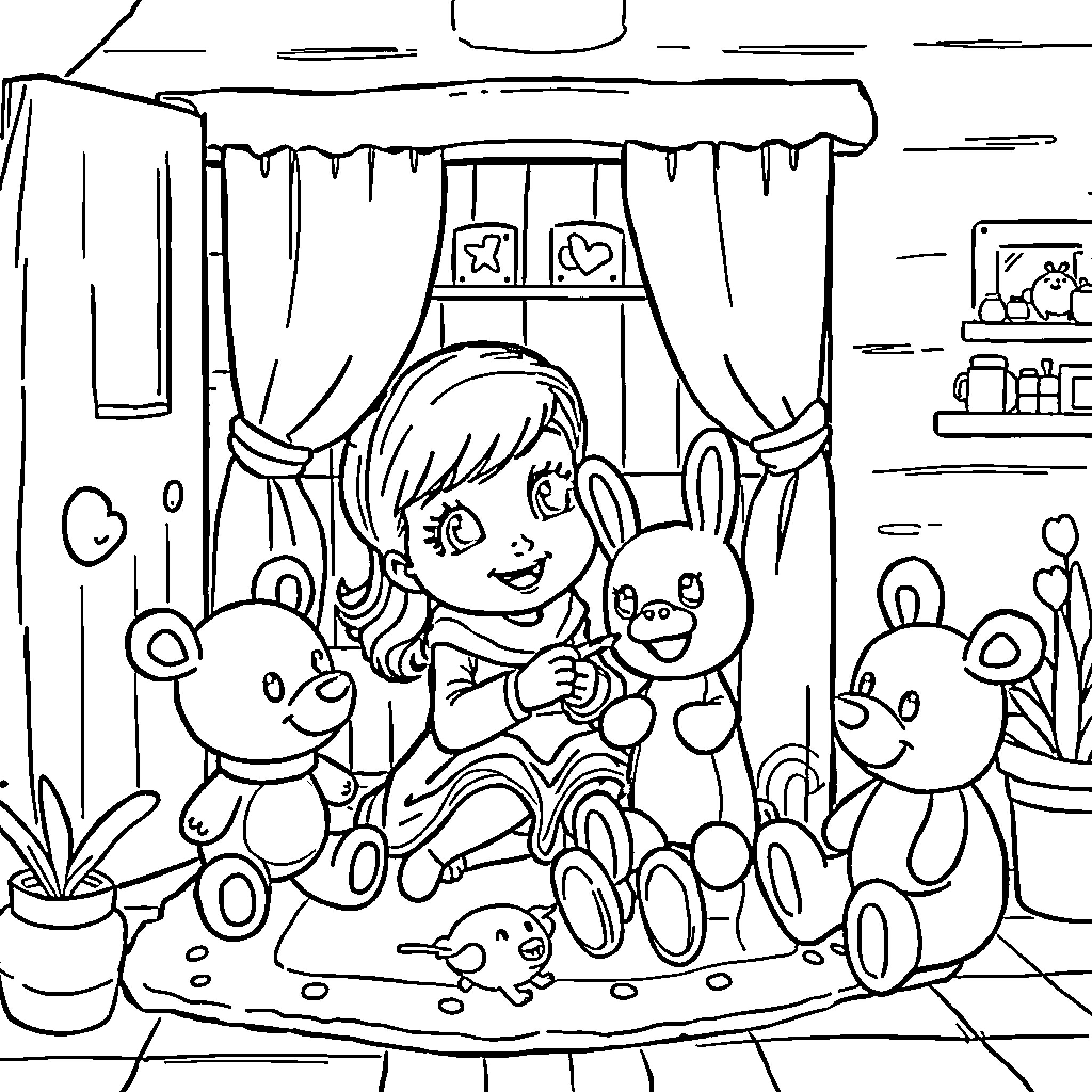 Gabby's Cozy Playtime with Plush Friends Coloring Page (free black-and-white line drawing printable PDF for all, from beginners to advanced learners, including children, teens, adults, and seniors)