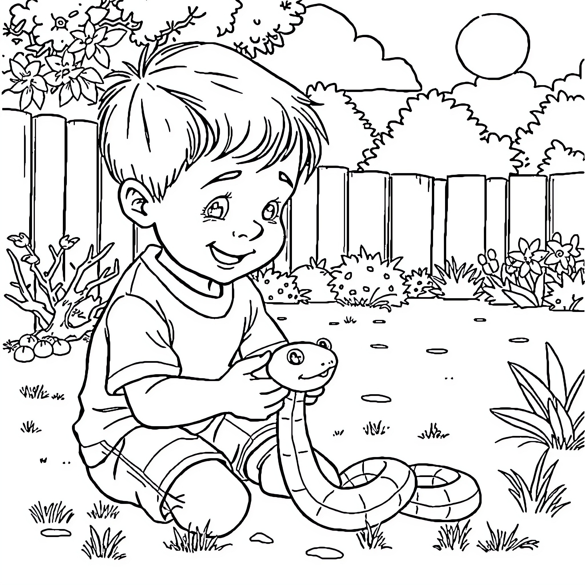 Boy playing with a snake in a garden Coloring Page (free black-and-white line drawing printable PDF for all, from beginners to advanced learners, including children, teens, adults, and seniors)