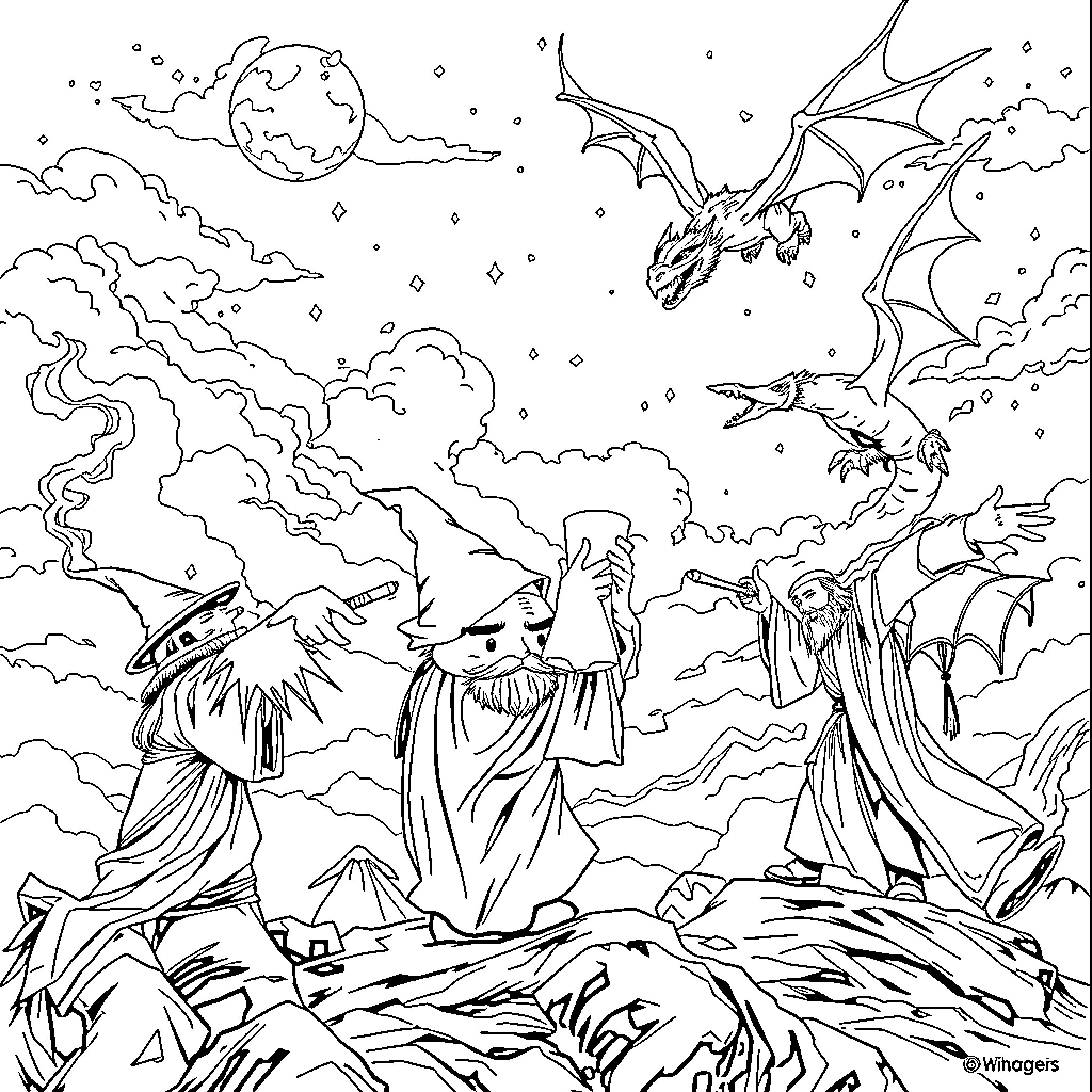 Wizard Sorcerers Conjuring Mystical Dragons in Celestial Landscape Coloring Page (free black-and-white line drawing printable PDF for all, from beginners to advanced learners, including children, teens, adults, and seniors)