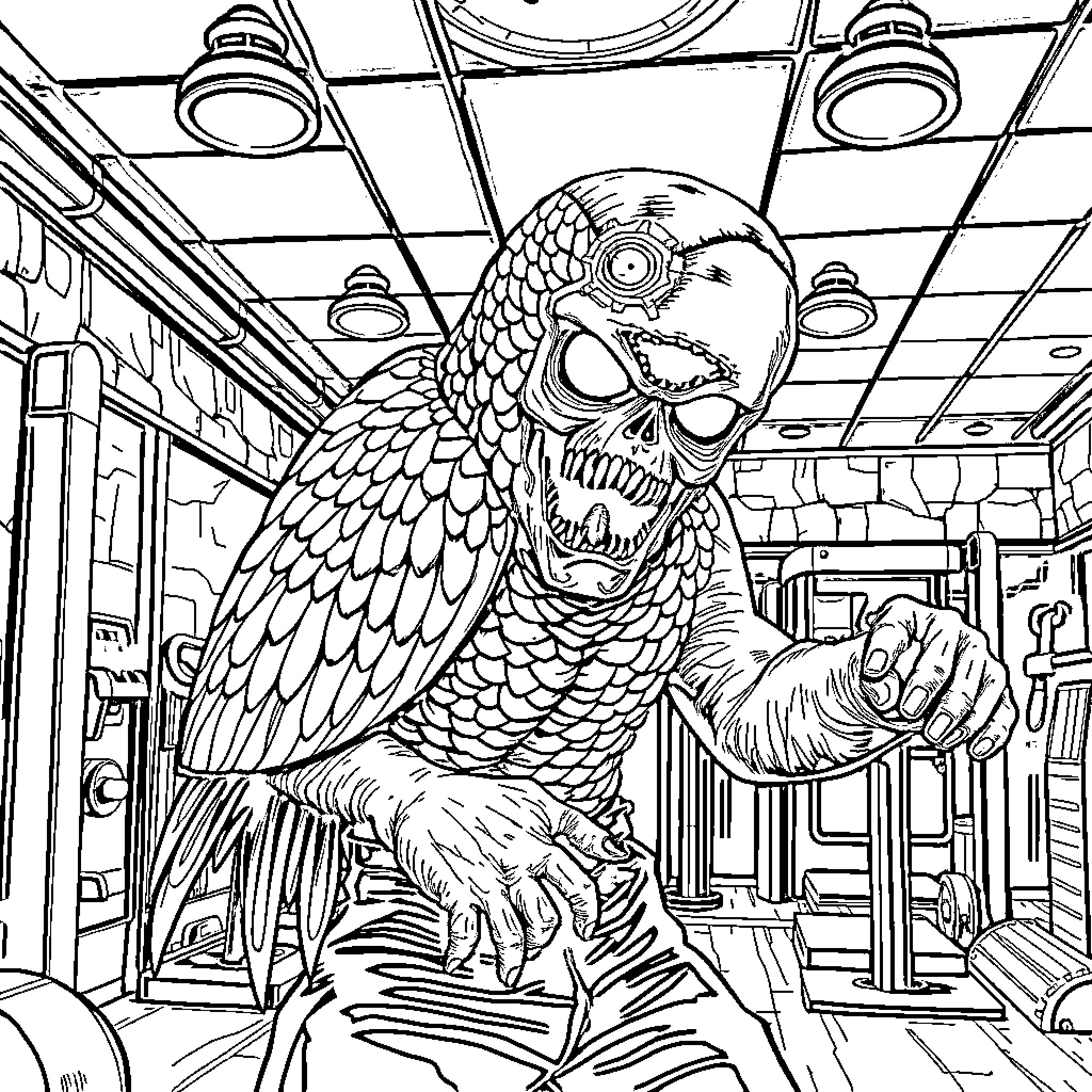 Esqueleto creature stalking in an eerie setting Coloring Page (free black-and-white line drawing printable PDF for all, from beginners to advanced learners, including children, teens, adults, and seniors)