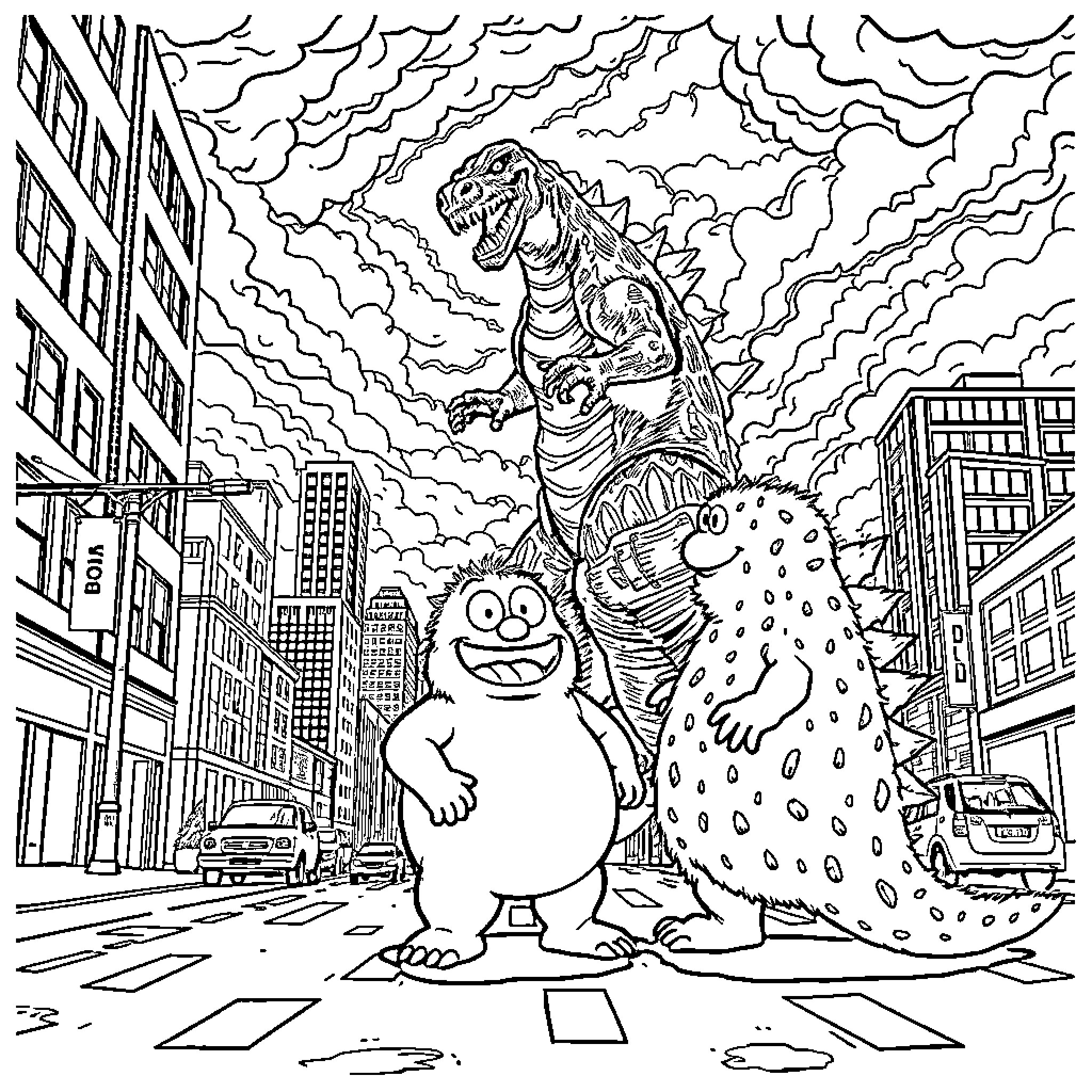 Huggy Wiggy's Monstrous Encounter in the City Coloring Page (free black-and-white line drawing printable PDF for all, from beginners to advanced learners, including children, teens, adults, and seniors)