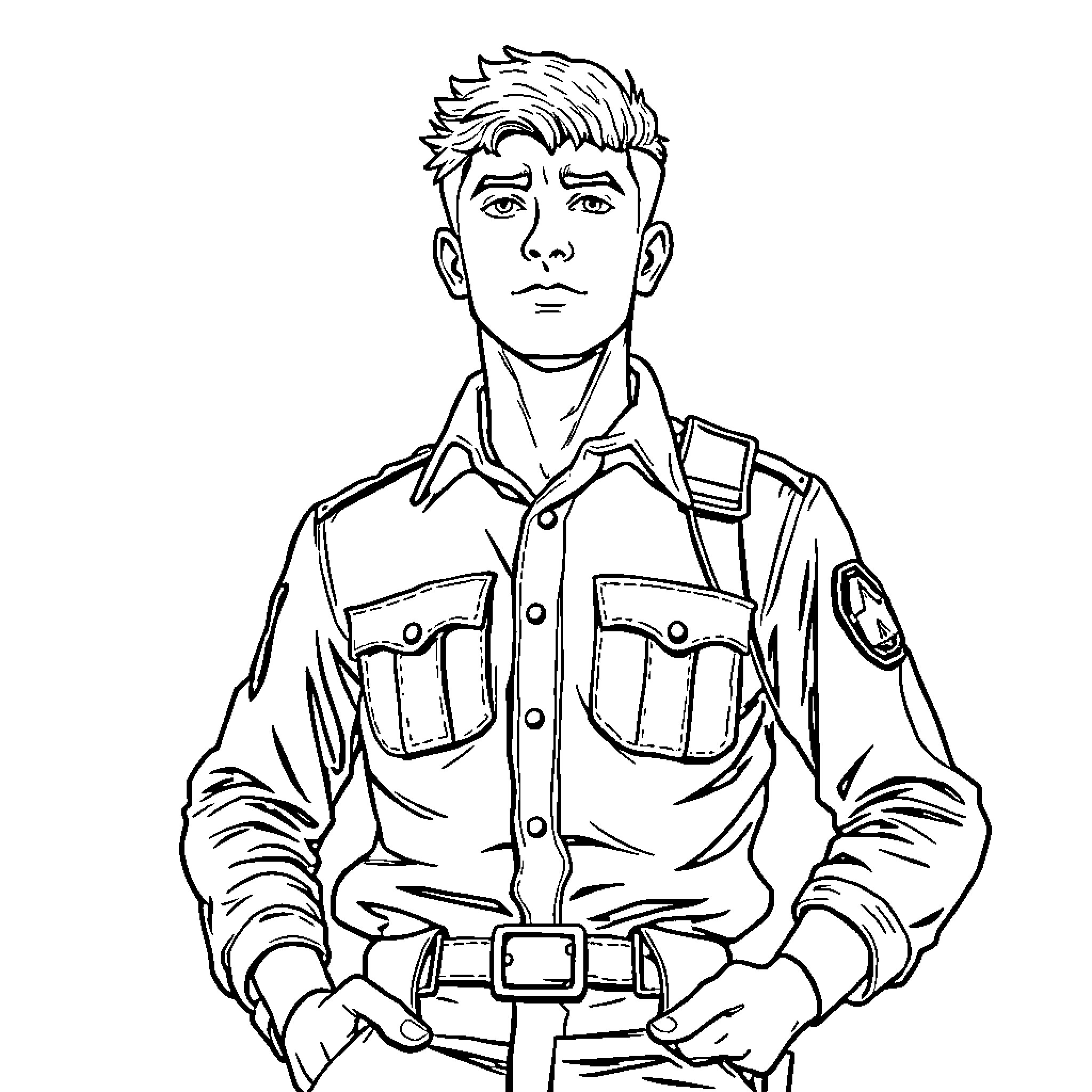 Levi Ackerman, a Serious and Determined Military Officer Coloring Page (free black-and-white line drawing printable PDF for all, from beginners to advanced learners, including children, teens, adults, and seniors)