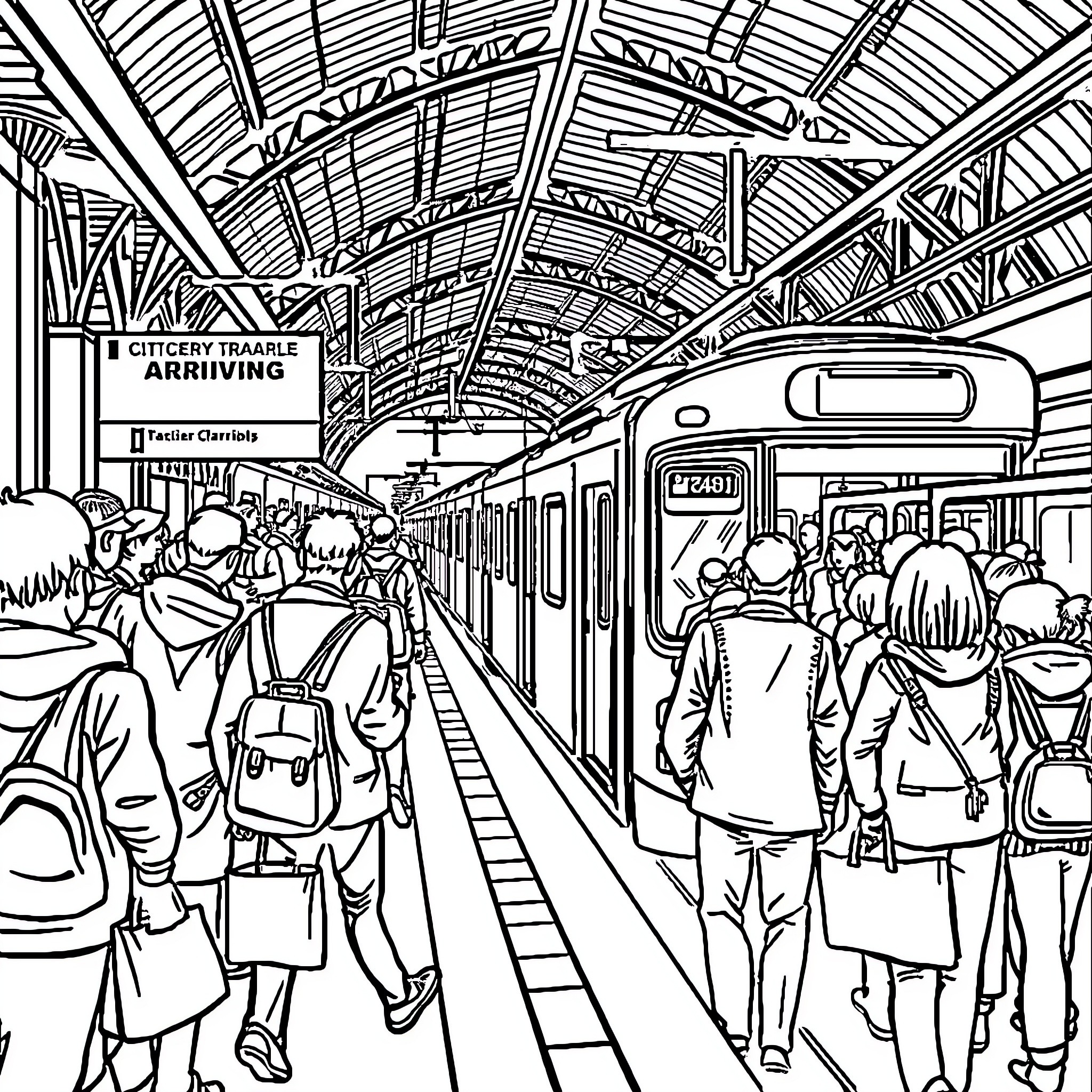 Train Station with Passengers Arriving and Departing Coloring Page (free black-and-white line drawing printable PDF for all, from beginners to advanced learners, including children, teens, adults, and seniors)