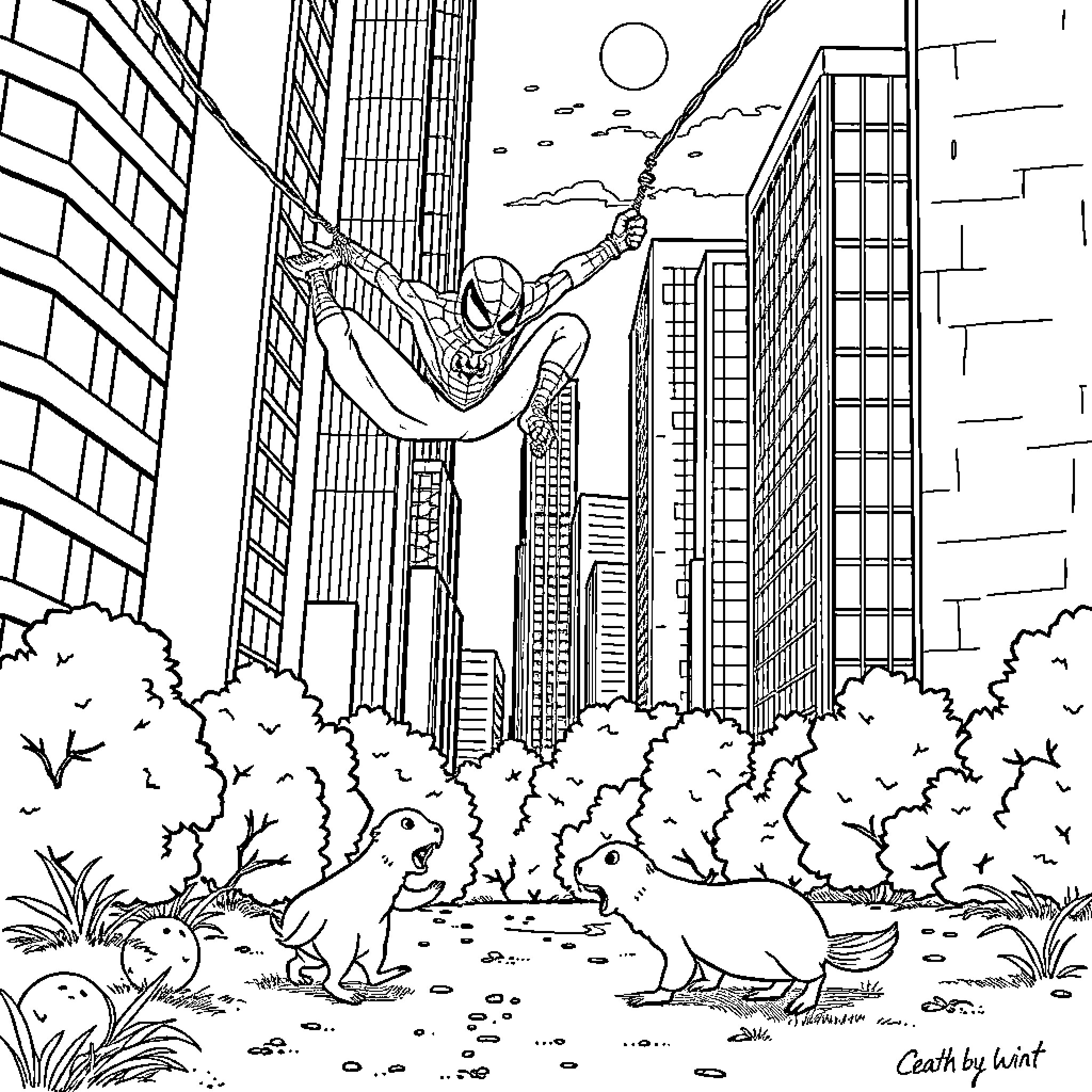 Spiderman swinging through the city above nature Coloring Page (free black-and-white line drawing printable PDF for all, from beginners to advanced learners, including children, teens, adults, and seniors)