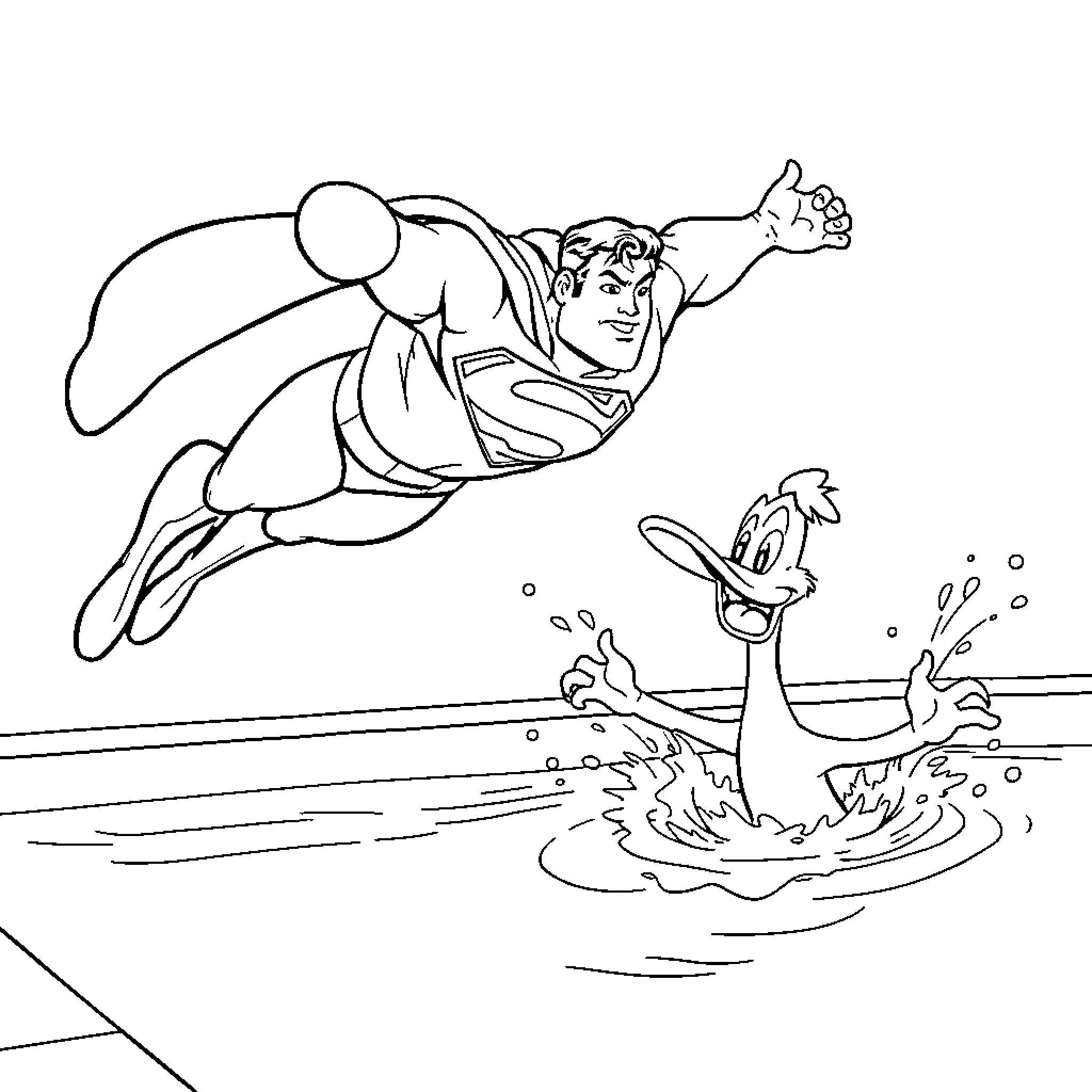 Superman rescuing duck from water splash Coloring Page (free black-and-white line drawing printable PDF for all, from beginners to advanced learners, including children, teens, adults, and seniors)