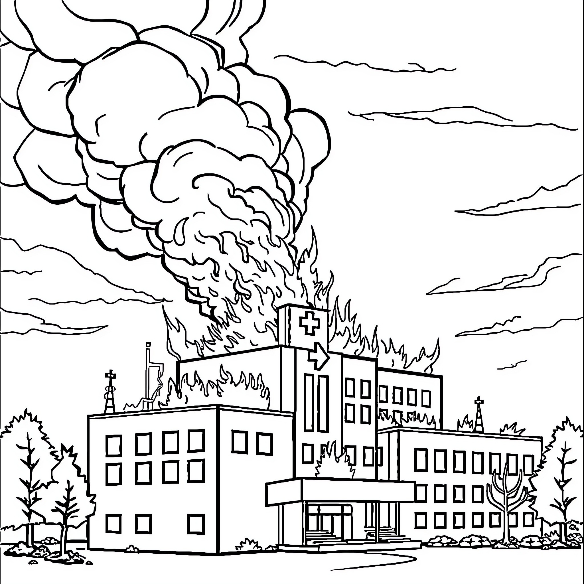 Hospital building engulfed in flames Coloring Page (free black-and-white line drawing printable PDF for all, from beginners to advanced learners, including children, teens, adults, and seniors)