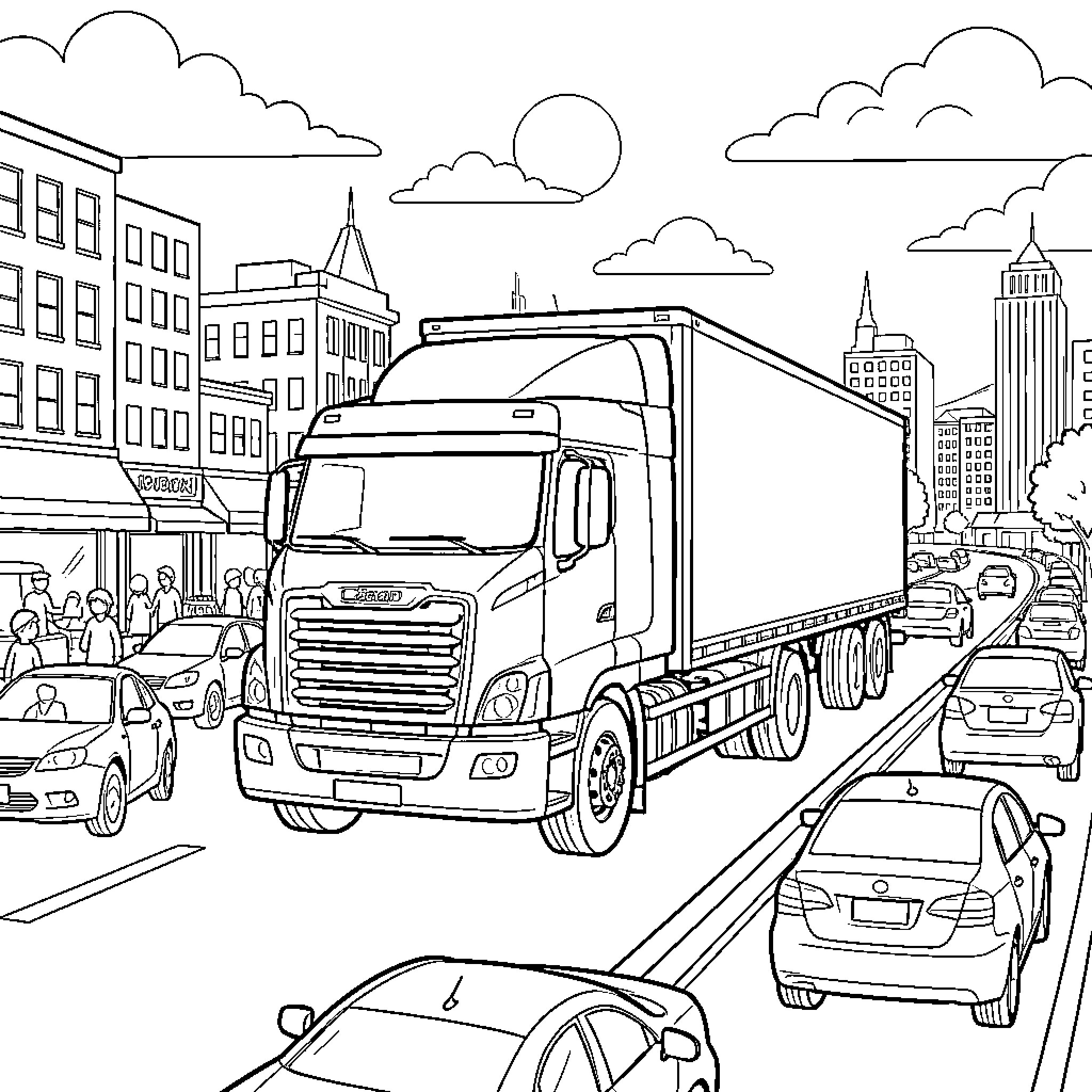 Truck transporting goods in the city Coloring Page (free black-and-white line drawing printable PDF for all, from beginners to advanced learners, including children, teens, adults, and seniors)