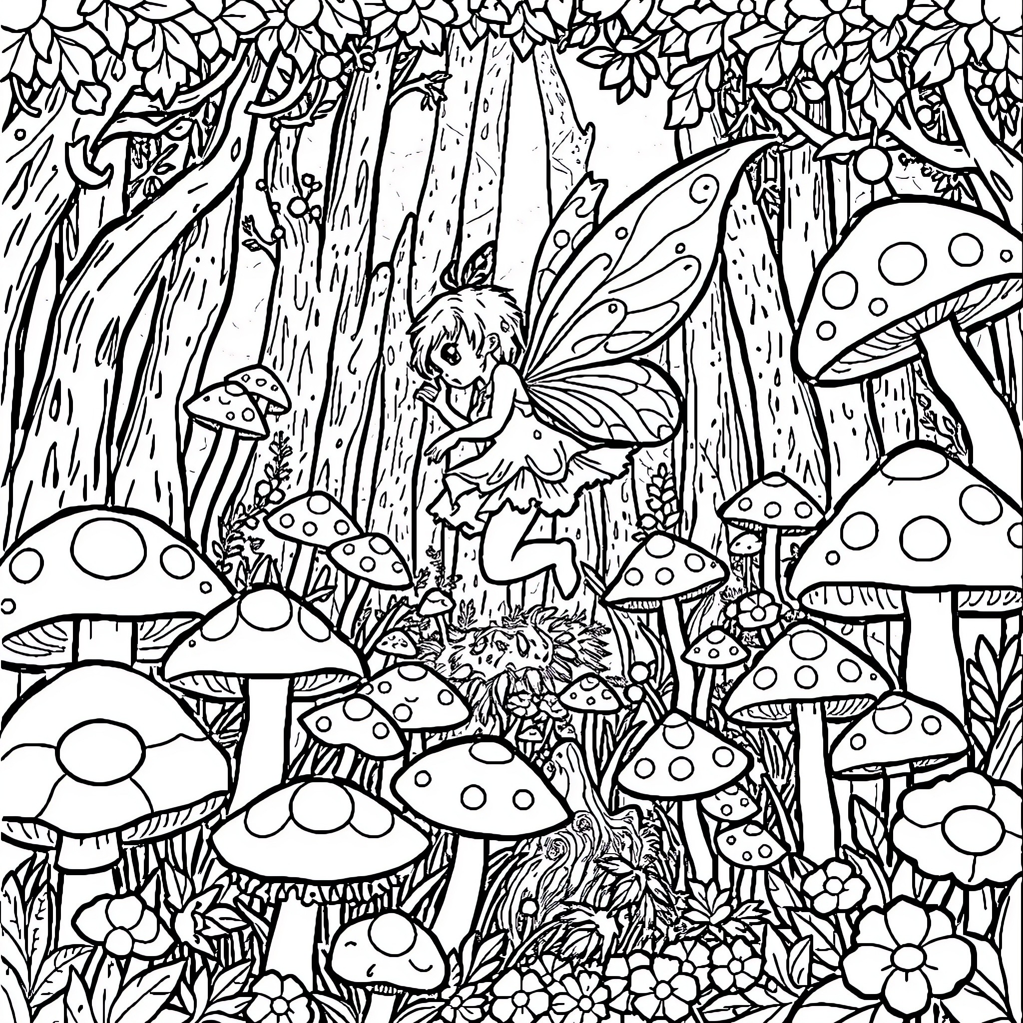Fairy exploring enchanted forest with mushrooms Coloring Page (free black-and-white line drawing printable PDF for all, from beginners to advanced learners, including children, teens, adults, and seniors)