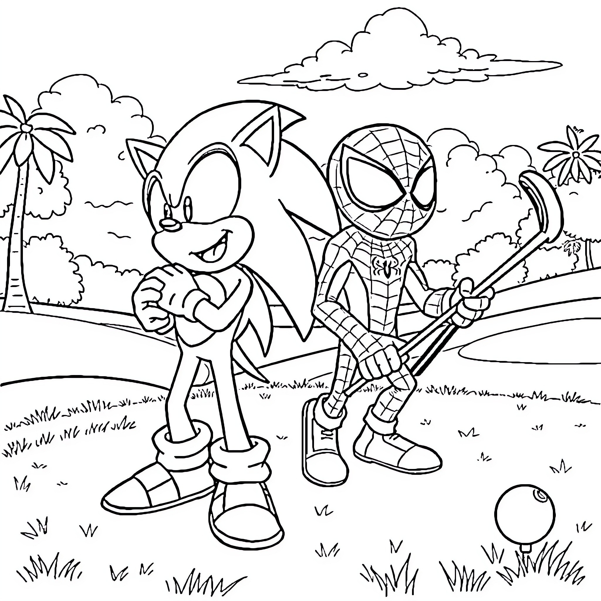 Sonic and Spider-Man explore the tropical landscape Coloring Page (free black-and-white line drawing printable PDF for all, from beginners to advanced learners, including children, teens, adults, and seniors)