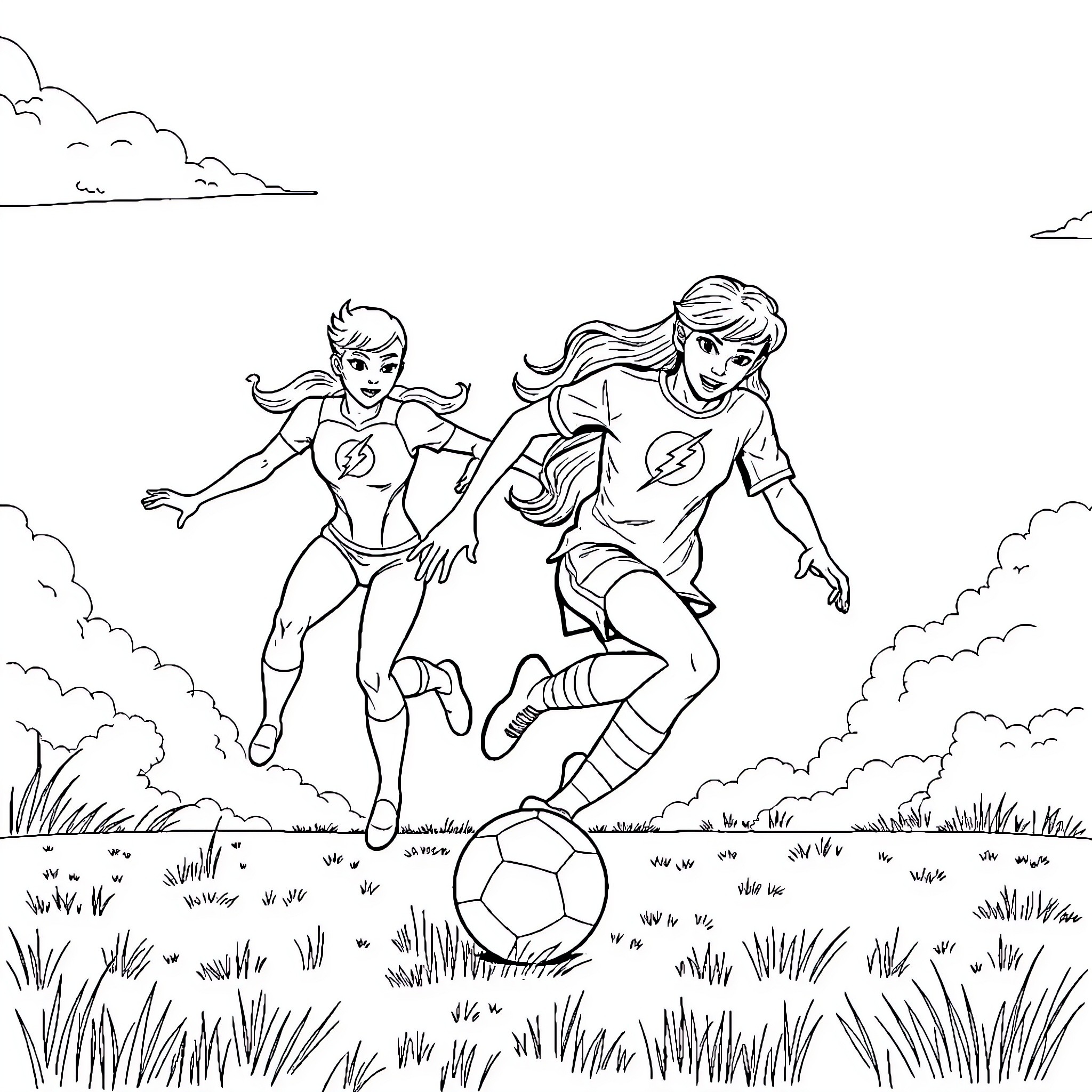 Flash heroes playing soccer outdoors Coloring Page (free black-and-white line drawing printable PDF for all, from beginners to advanced learners, including children, teens, adults, and seniors)