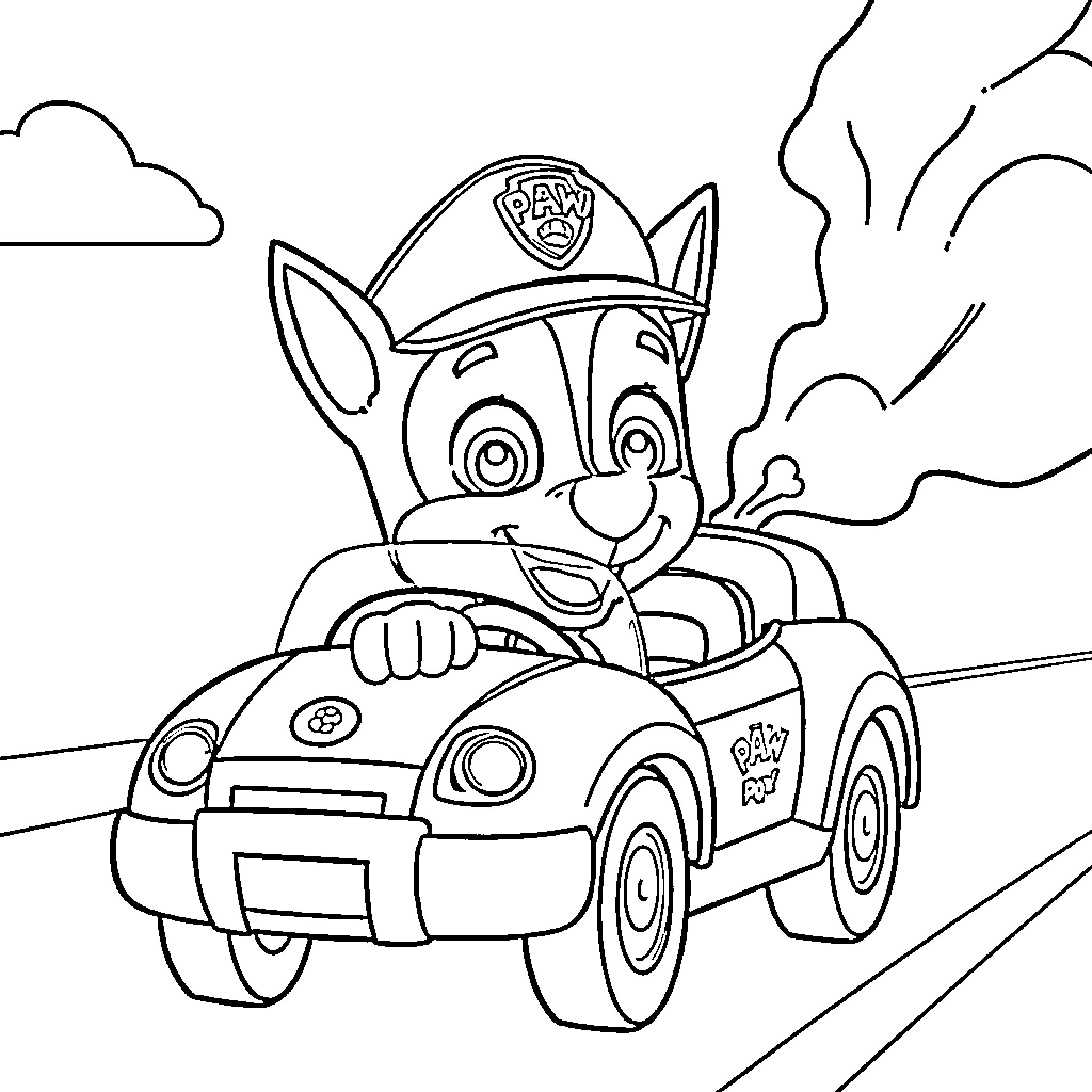 Chase through the city in a police car Coloring Page (free black-and-white line drawing printable PDF for all, from beginners to advanced learners, including children, teens, adults, and seniors)