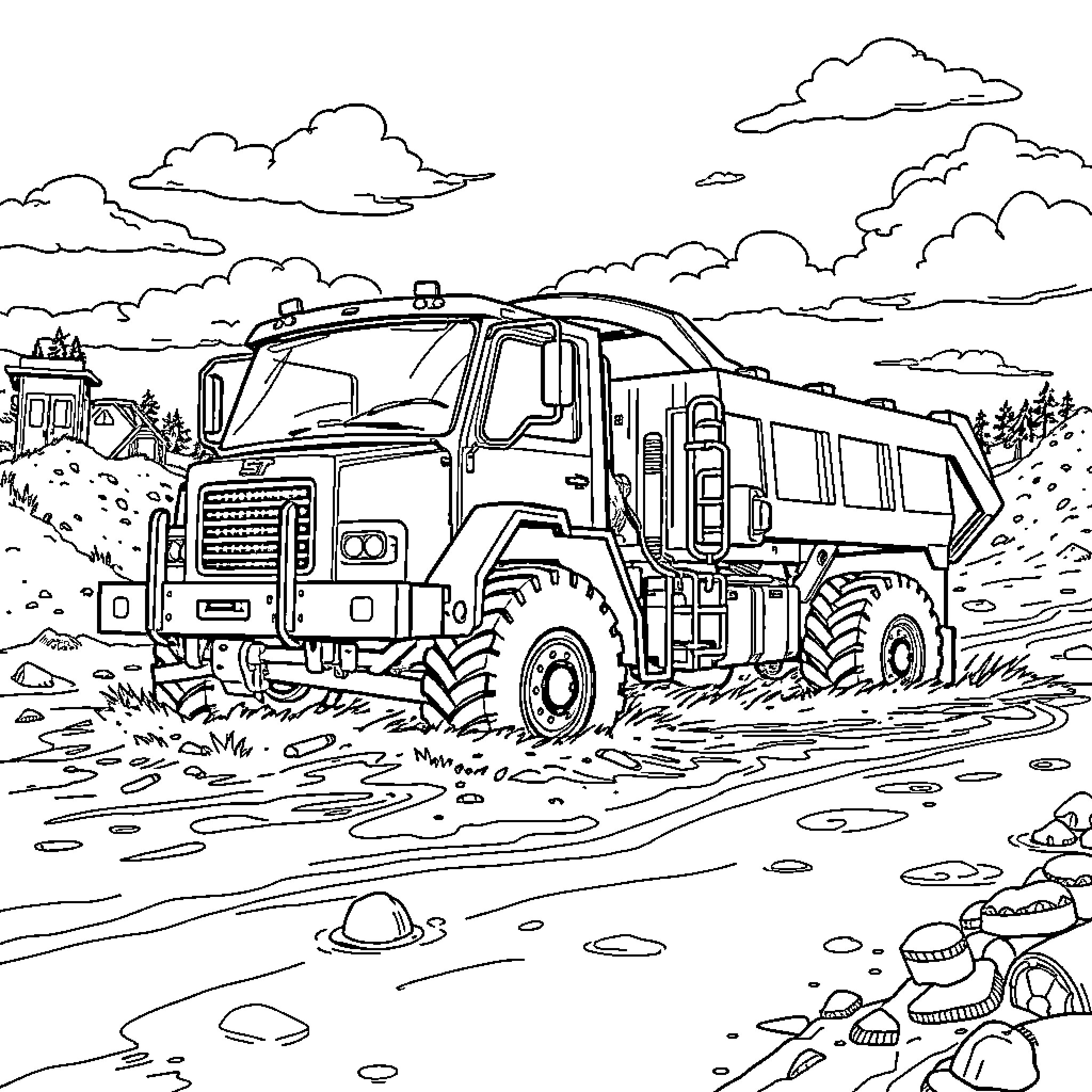 Truck working on muddy terrain in rugged landscape Coloring Page (free black-and-white line drawing printable PDF for all, from beginners to advanced learners, including children, teens, adults, and seniors)
