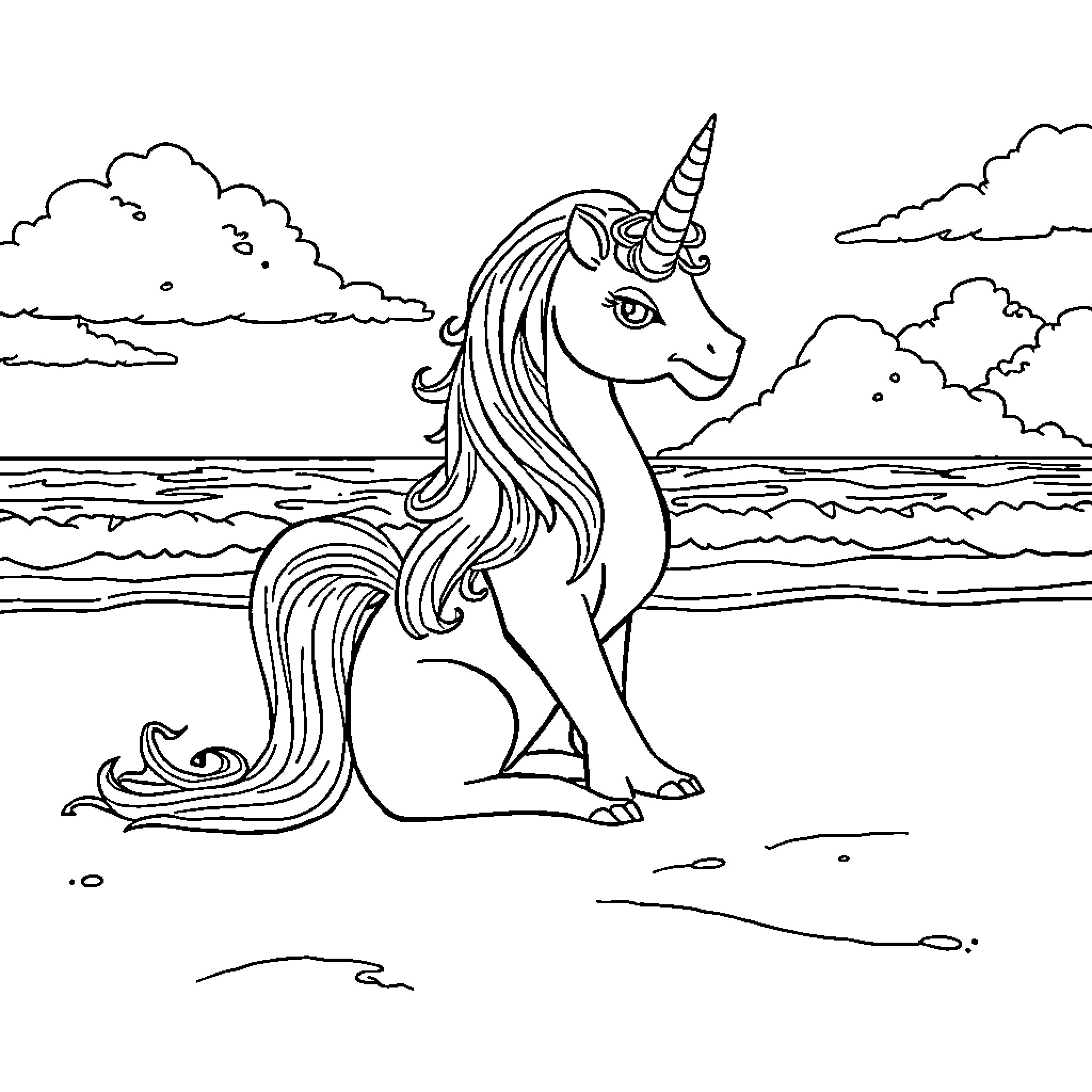 Unicorn gazing at the ocean horizon Coloring Page (free black-and-white line drawing printable PDF for all, from beginners to advanced learners, including children, teens, adults, and seniors)