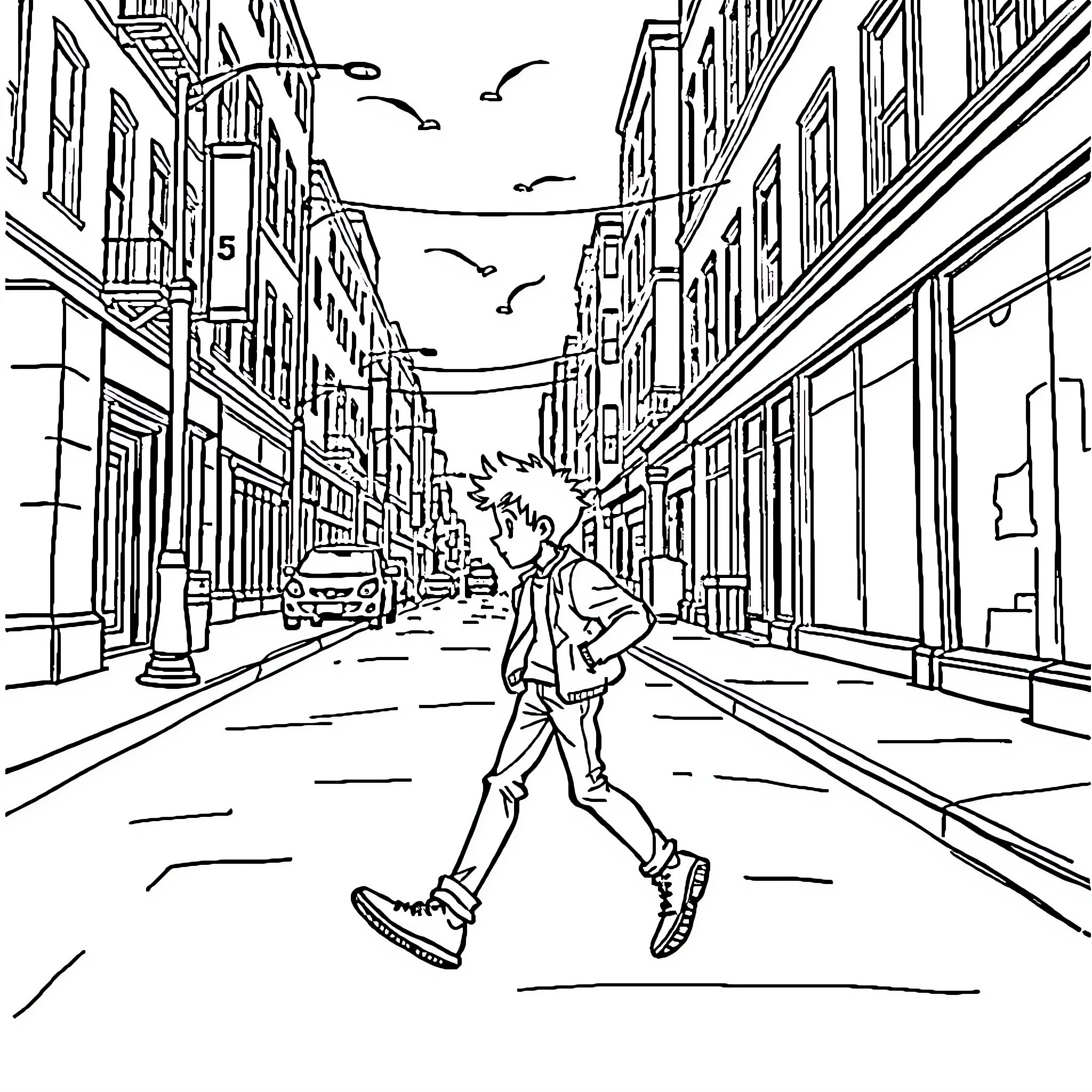 Danny walking confidently down the city street Coloring Page (free black-and-white line drawing printable PDF for all, from beginners to advanced learners, including children, teens, adults, and seniors)