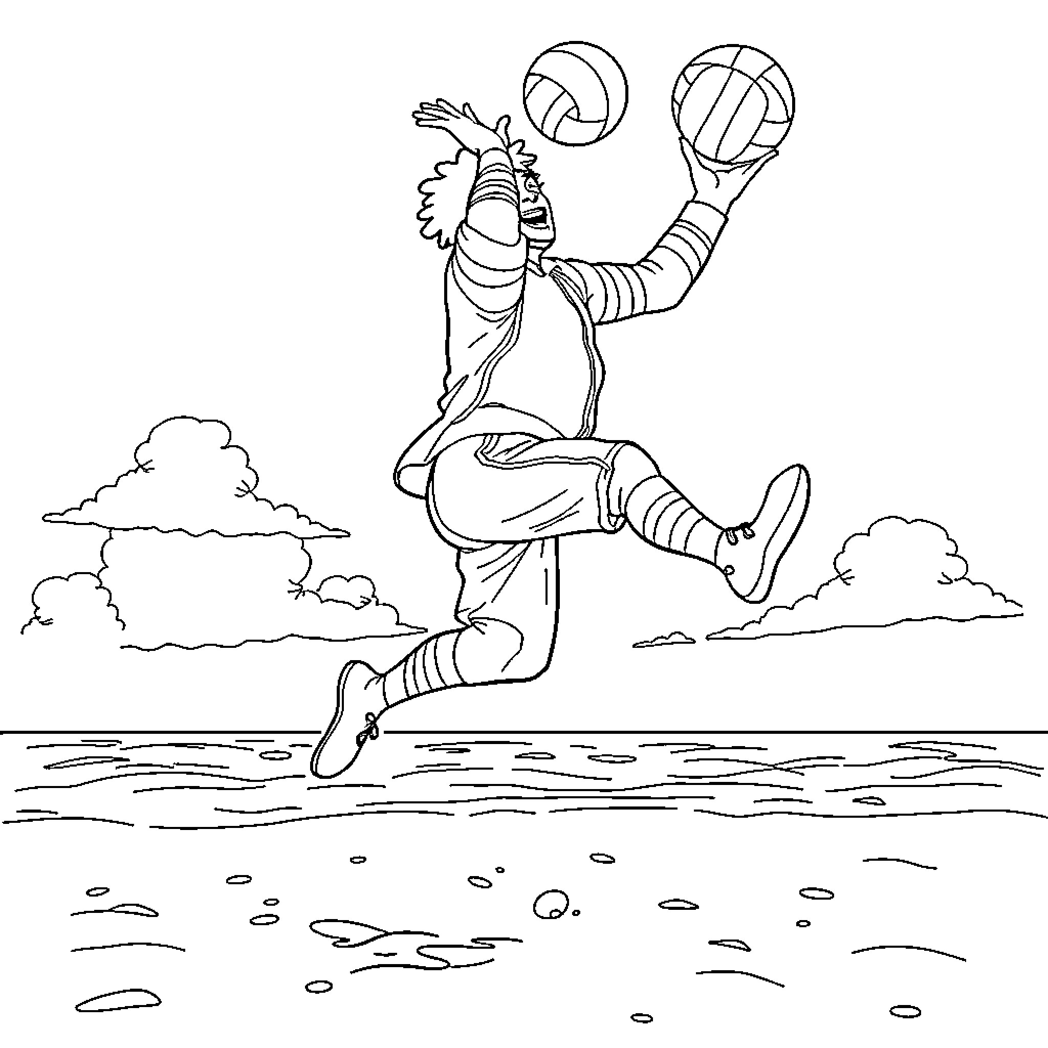 Ronald McDonald playing with volleyballs in the park Coloring Page (free black-and-white line drawing printable PDF for all, from beginners to advanced learners, including children, teens, adults, and seniors)
