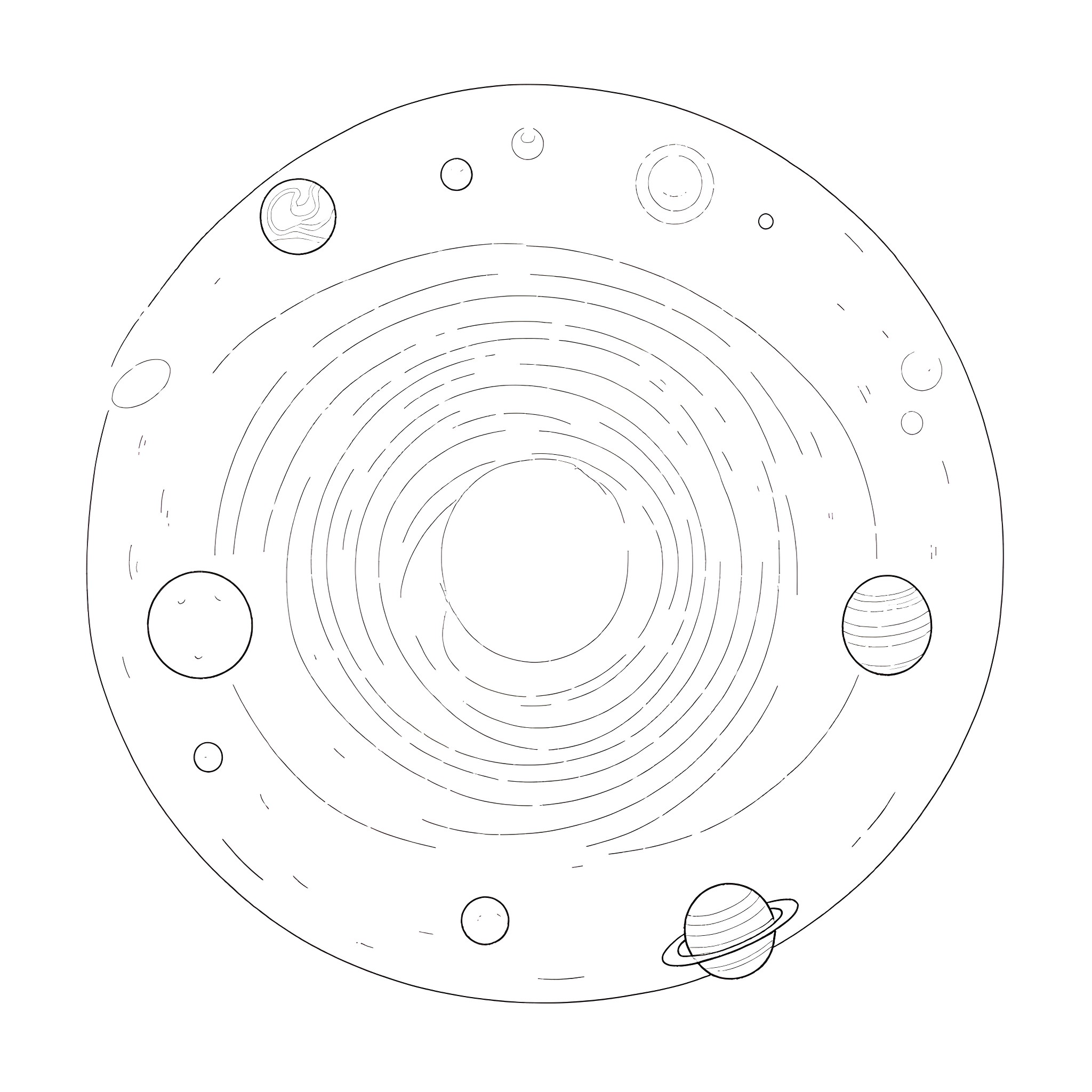 Planet with orbiting celestial bodies Coloring Page (free black-and-white line drawing printable PDF for all, from beginners to advanced learners, including children, teens, adults, and seniors)