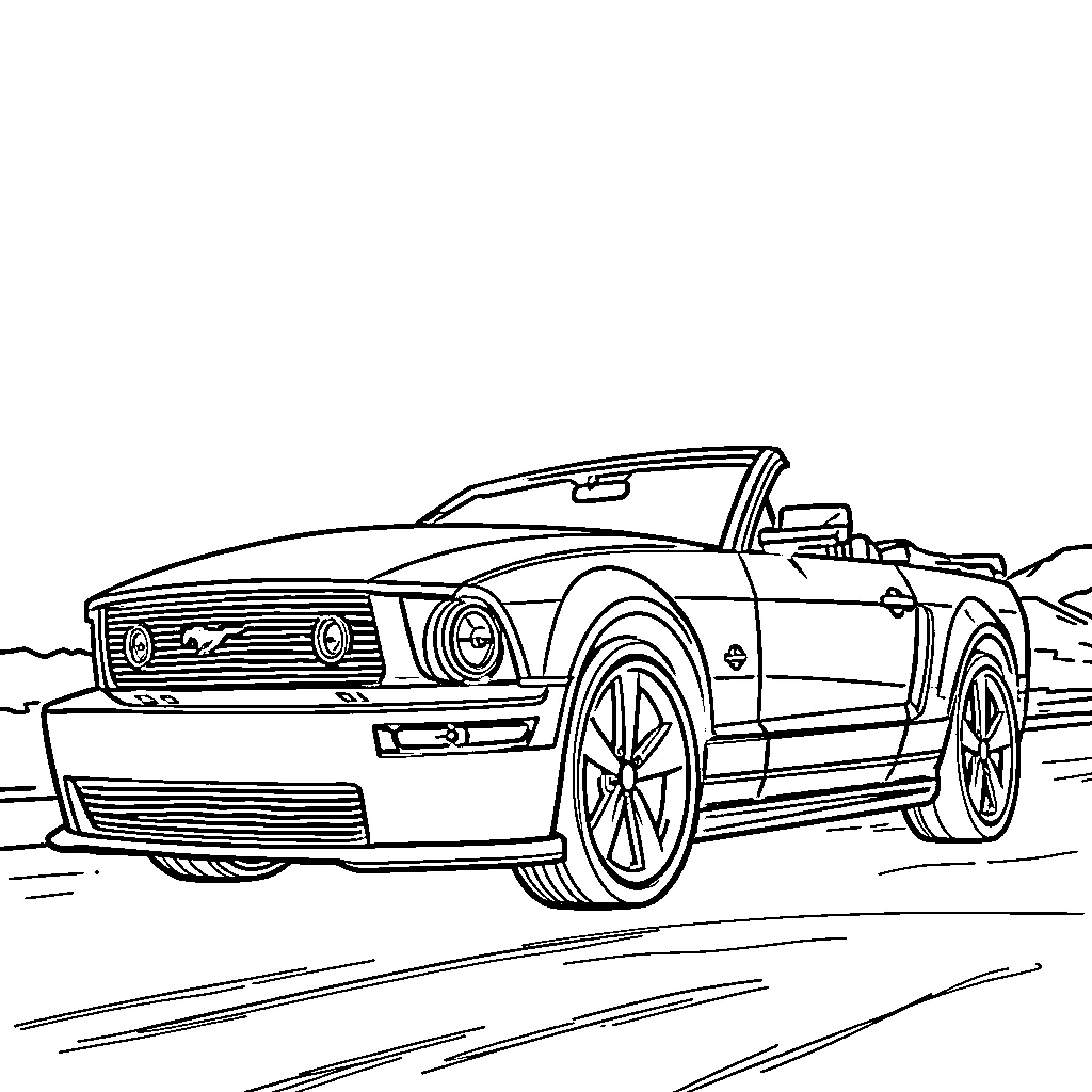 Mustang sports car speeding on the road Coloring Page (free black-and-white line drawing printable PDF for all, from beginners to advanced learners, including children, teens, adults, and seniors)