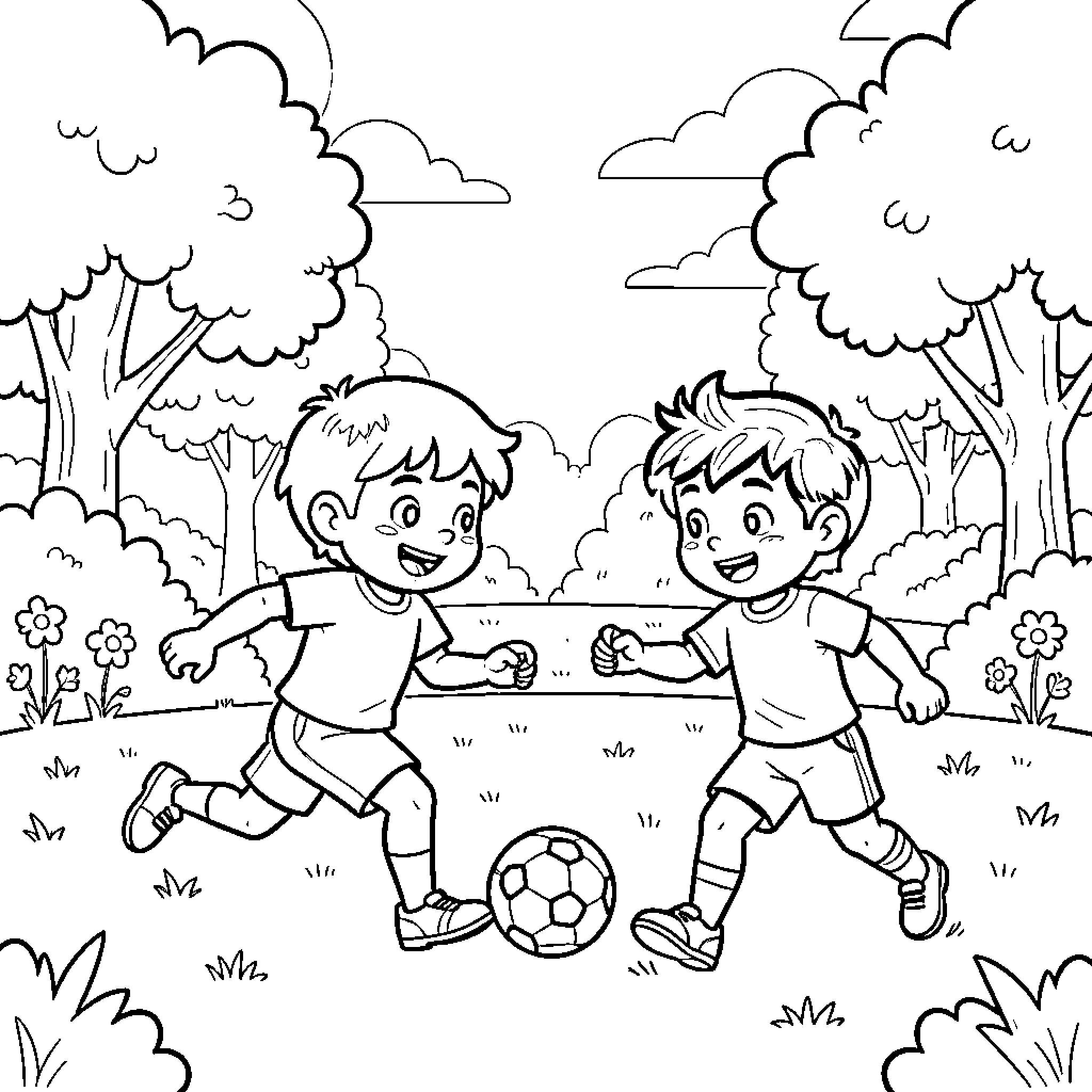 Pat two boys playing soccer in a park Coloring Page (free black-and-white line drawing printable PDF for all, from beginners to advanced learners, including children, teens, adults, and seniors)