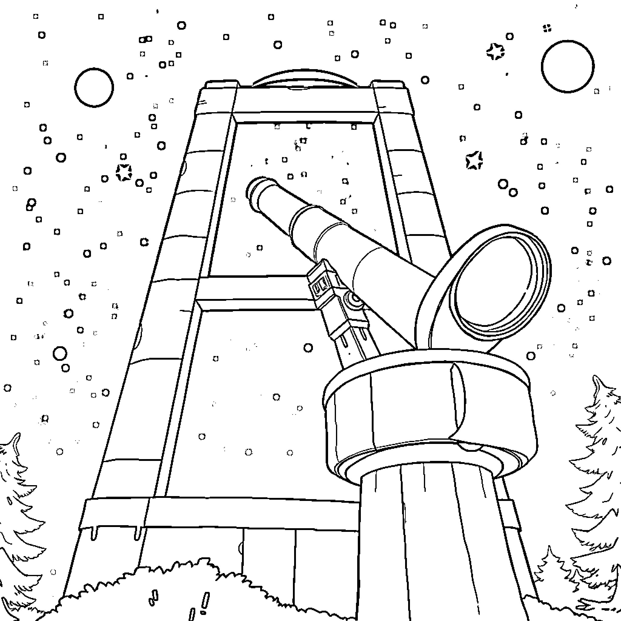Astronomy Tower Observing Stars in Night Sky Coloring Page (free black-and-white line drawing printable PDF for all, from beginners to advanced learners, including children, teens, adults, and seniors)