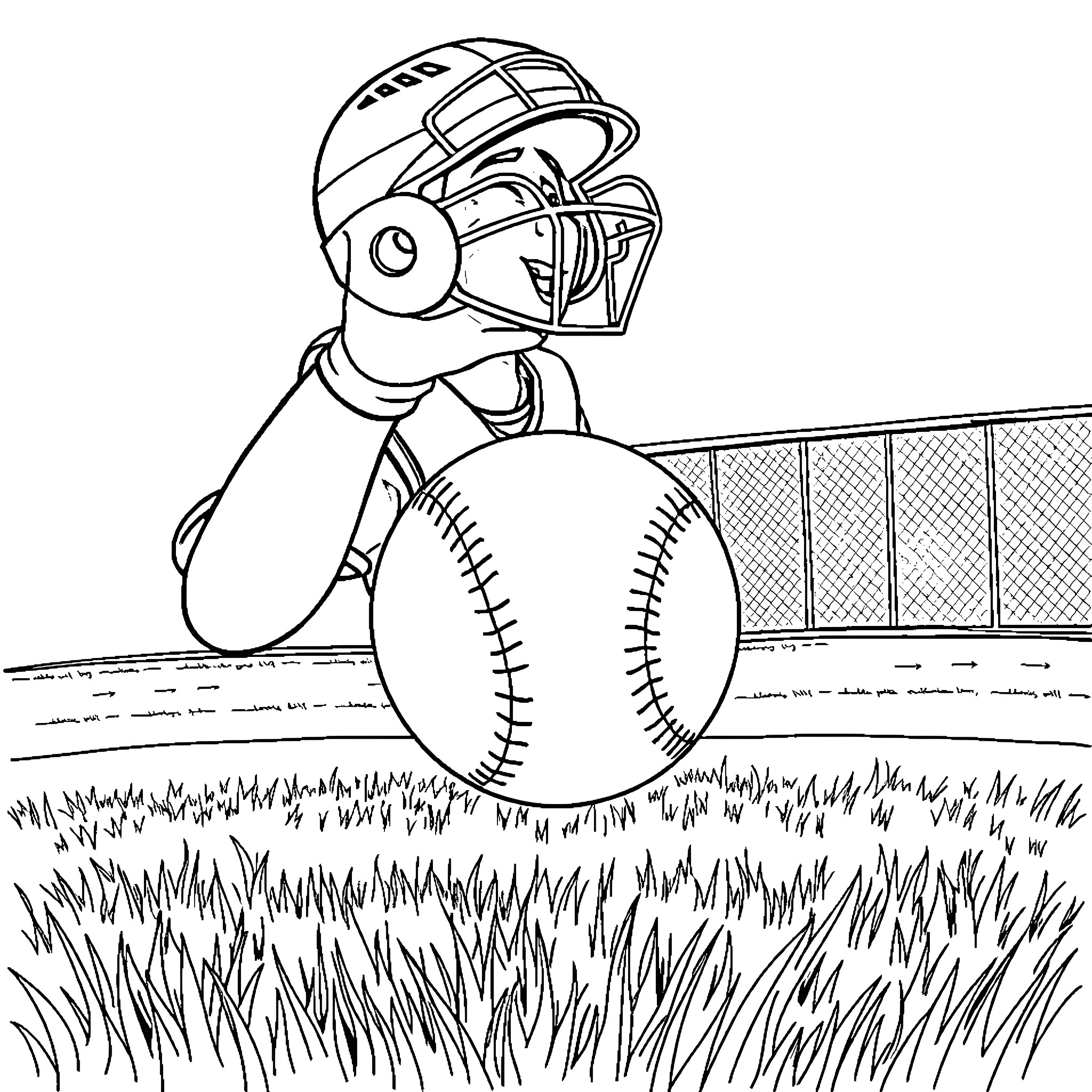 Baseball player catches ball on field Coloring Page (free black-and-white line drawing printable PDF for all, from beginners to advanced learners, including children, teens, adults, and seniors)