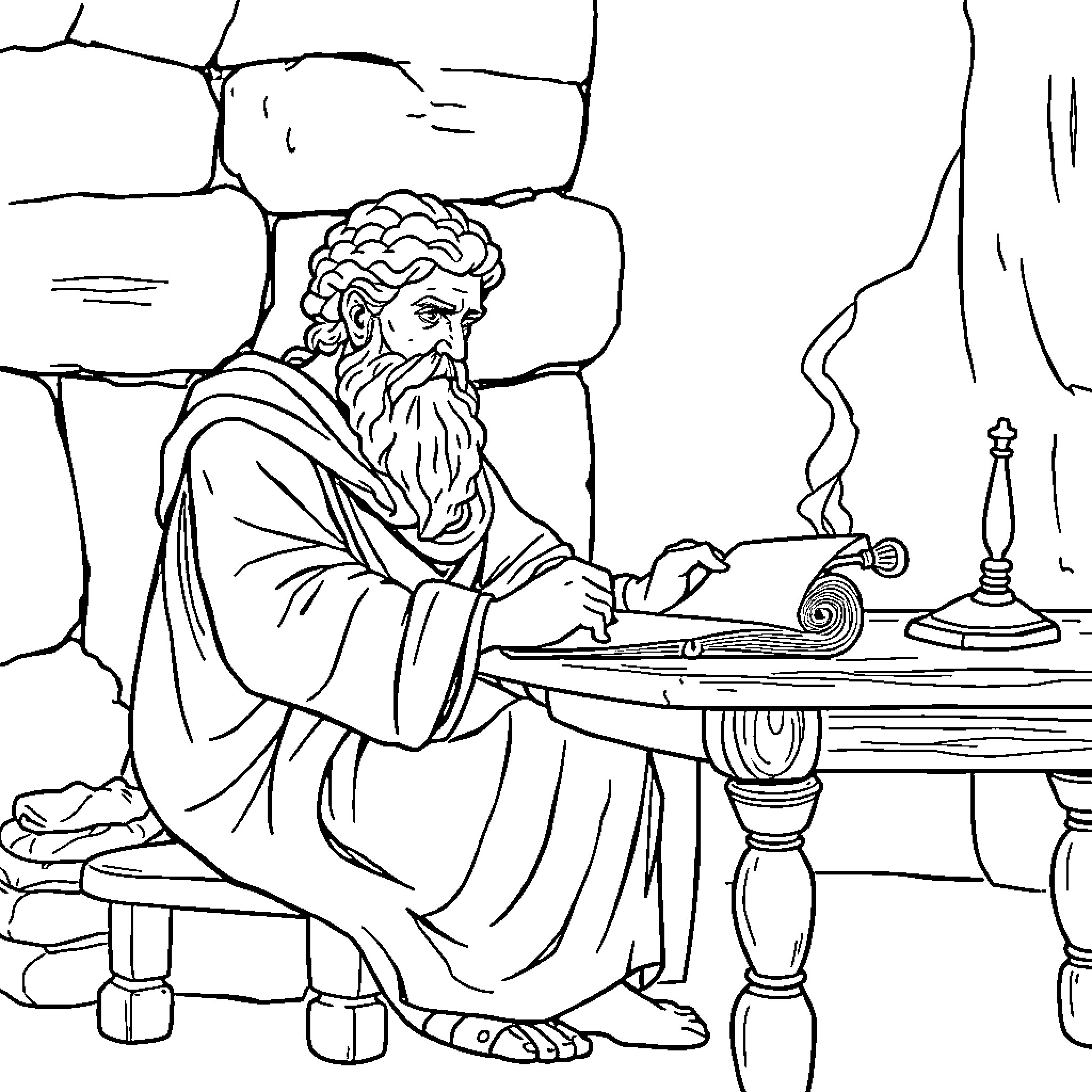 Herodotus recording historical accounts in his study Coloring Page (free black-and-white line drawing printable PDF for all, from beginners to advanced learners, including children, teens, adults, and seniors)