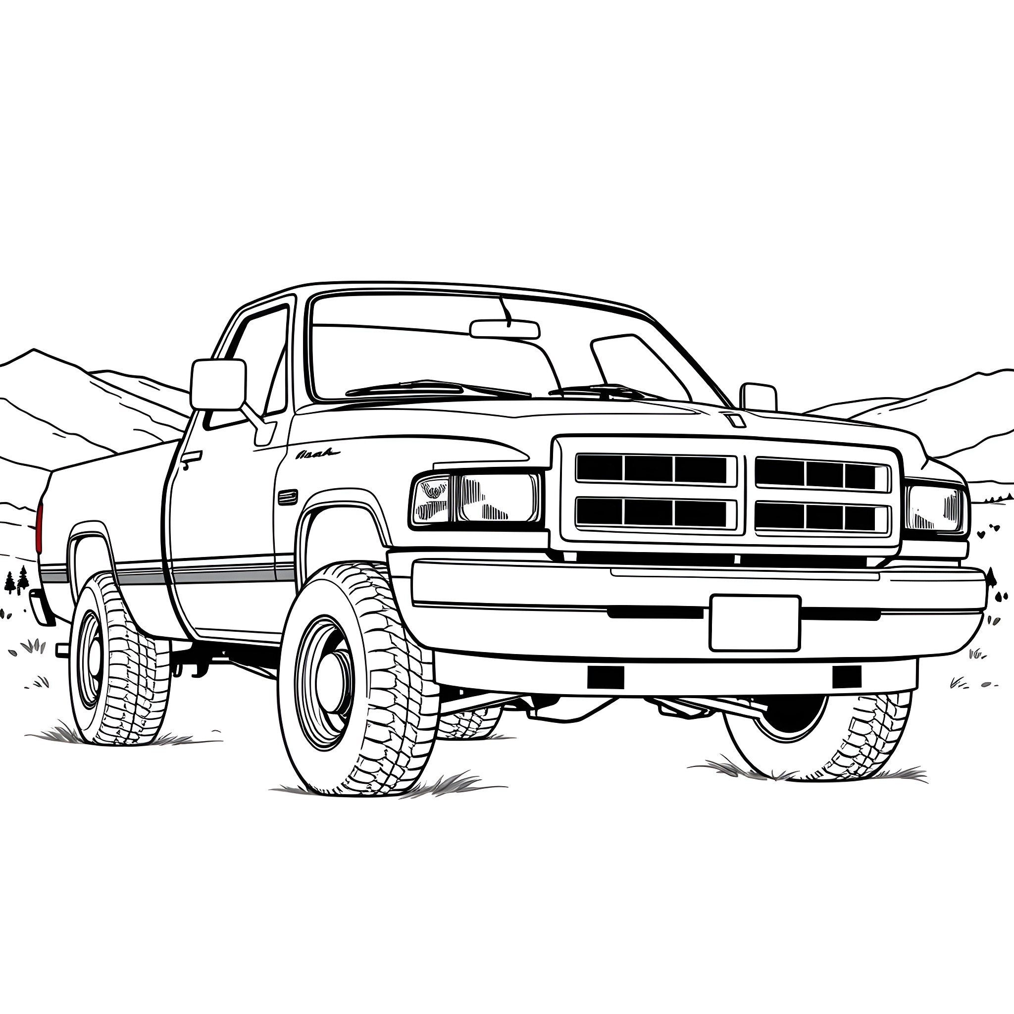 Ram off-road truck exploring rugged terrain Coloring Page (free black-and-white line drawing printable PDF for all, from beginners to advanced learners, including children, teens, adults, and seniors)