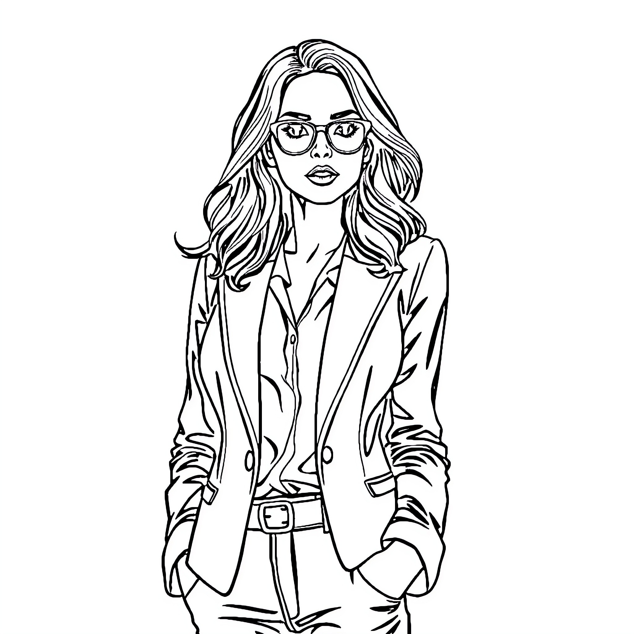 Blazer-clad professional in thoughtful pose Coloring Page (free black-and-white line drawing printable PDF for all, from beginners to advanced learners, including children, teens, adults, and seniors)