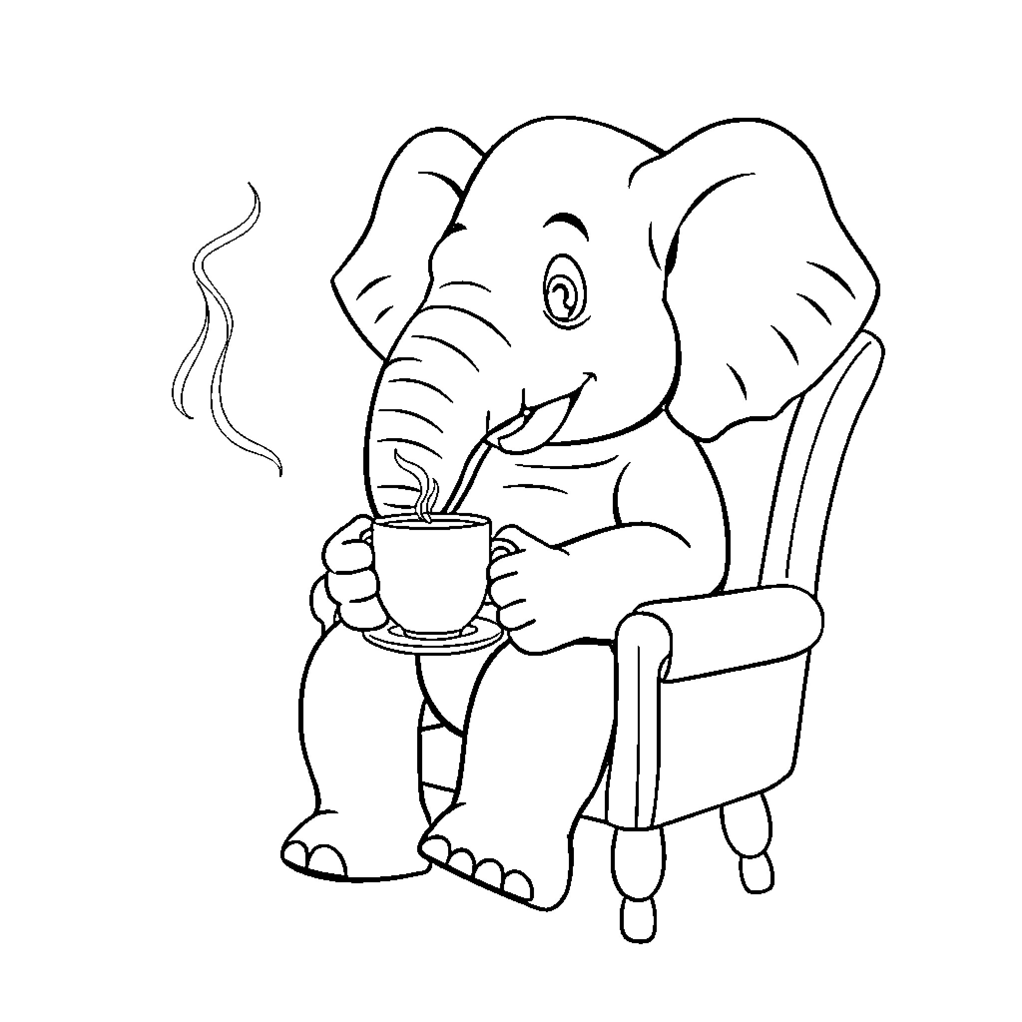 Elephant enjoying a hot beverage in a comfortable chair Coloring Page (free black-and-white line drawing printable PDF for all, from beginners to advanced learners, including children, teens, adults, and seniors)