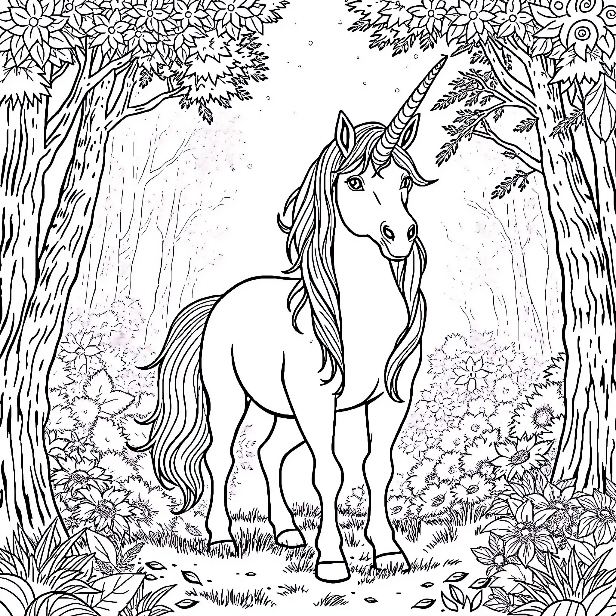 Unicorn standing in magical forest Coloring Page (free black-and-white line drawing printable PDF for all, from beginners to advanced learners, including children, teens, adults, and seniors)