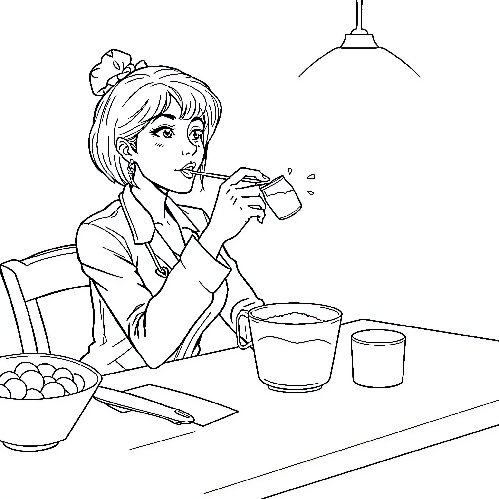 Dietitian enjoys a snack during a consultation Coloring Page (free black-and-white line drawing printable PDF for all, from beginners to advanced learners, including children, teens, adults, and seniors)